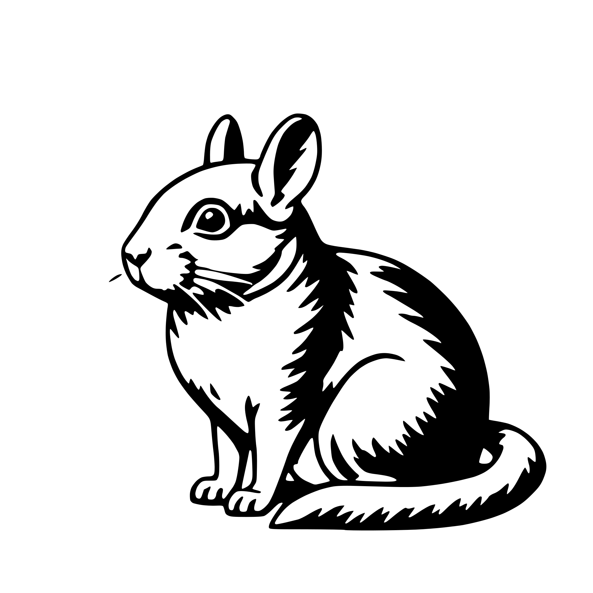 The SVG shows a stylized black and white illustration of a cat. The cat is depicted in a sitting position with its front paws extended forward and its tail curled around its body. It has large, round eyes and a small, pointed nose. The cat's ears are perked up, and its whiskers are visible. The illustration is simple and cartoonish, with no additional objects or interactions depicted. 