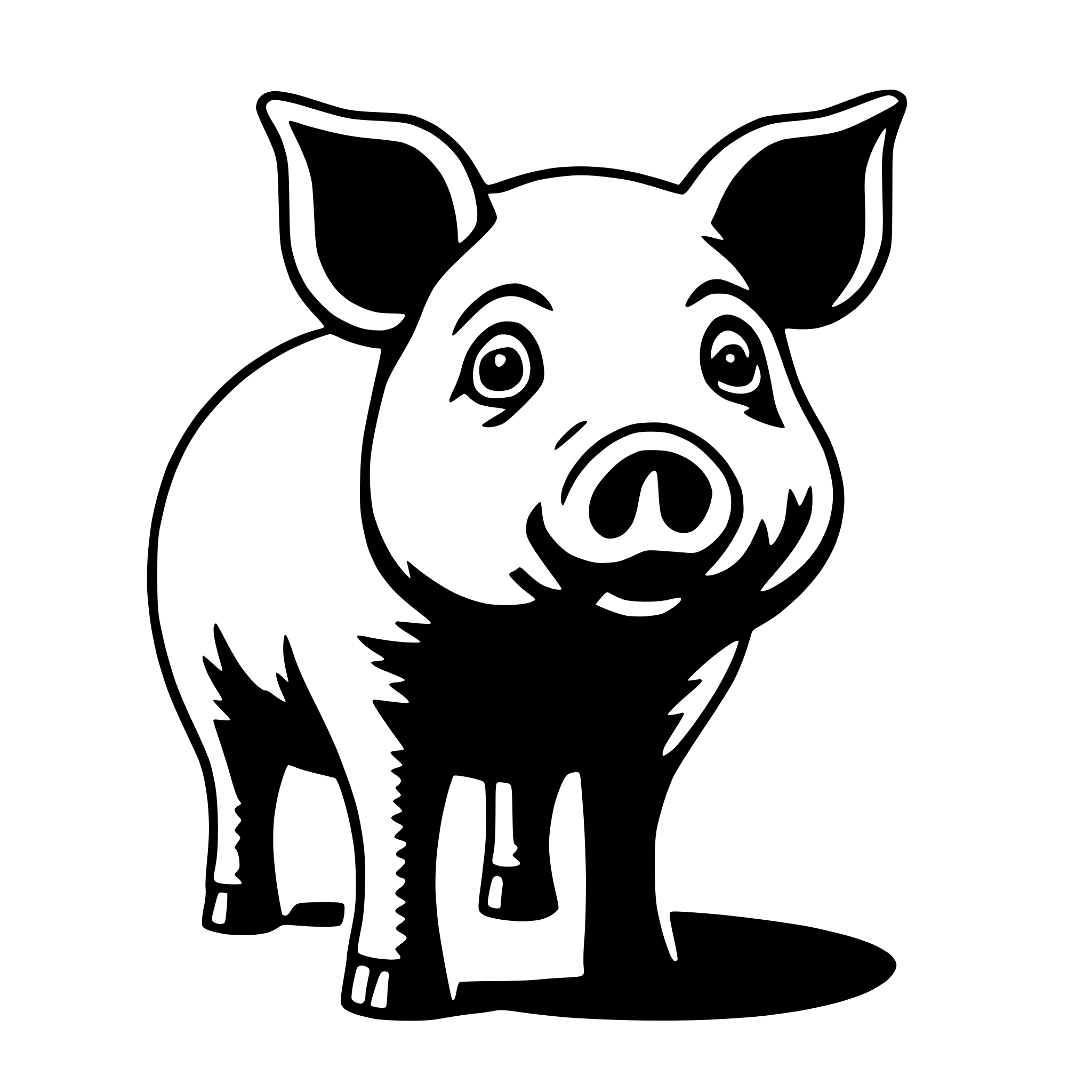 The SVG depicts a stylized black and white illustration of a pig. The pig is standing upright on its hind legs, with its front legs extended forward. It has a round body, a large head with prominent ears, and a snout with a small, triangular nose. The pig's eyes are wide open, and it appears to be looking directly at the viewer. The pig's tail is curled up at the end. The SVG is simple and cartoonish in style, with no additional objects or interactions depicted. 