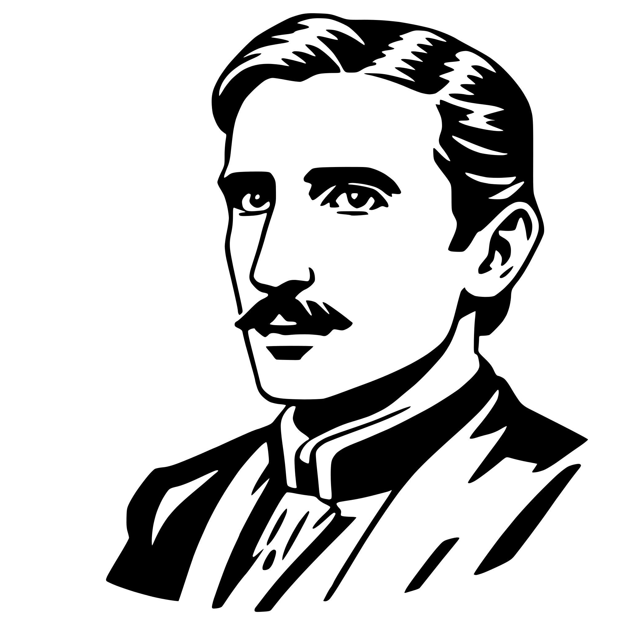 The SVG is a black and white vector illustration of a man's profile. The man is depicted with a mustache and a side part hairstyle. He is wearing a dark suit with a light-colored shirt and a dark tie. The illustration is stylized with clean lines and solid colors, giving it a graphic and modern appearance. The man's gaze is directed to the side, and he appears to be looking off into the distance. The SVG does not contain any text or additional objects. The main focus is on the man's face and attire. 