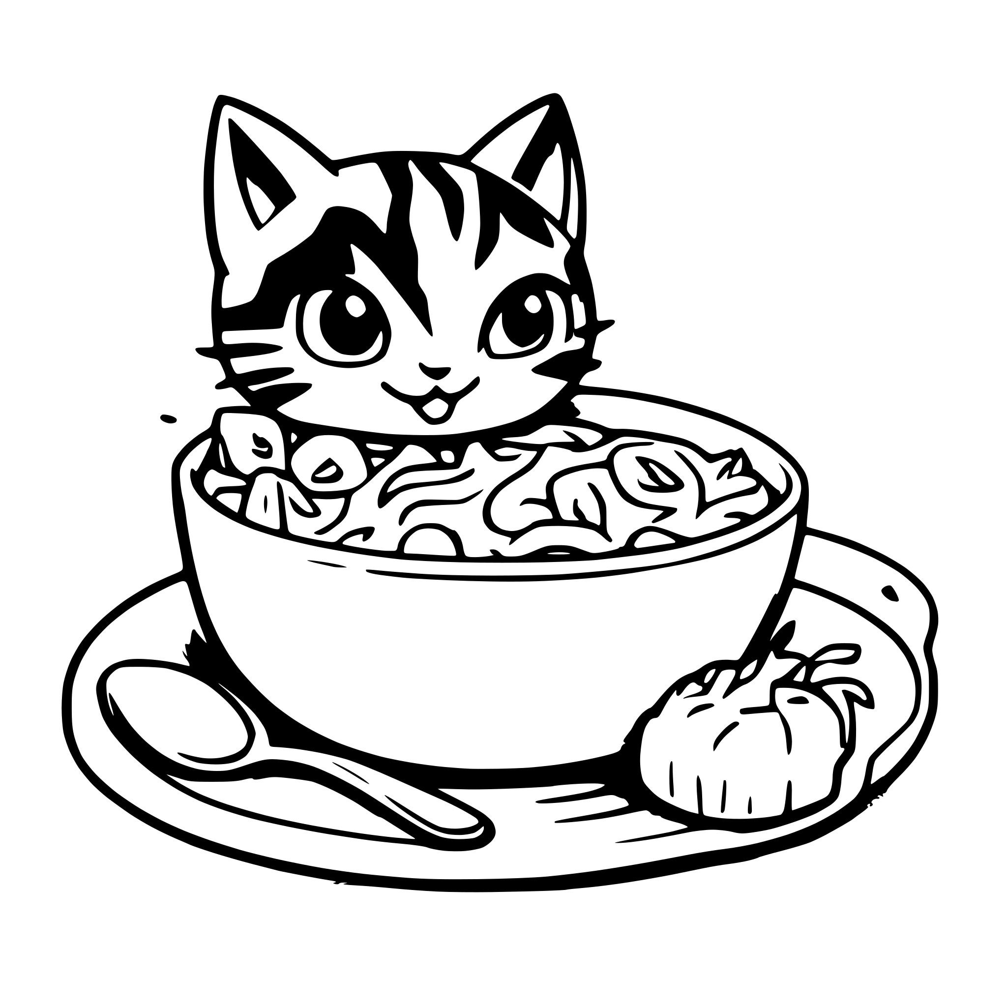 AI-generated SVG of a gato comiendo fideos con cara enojada