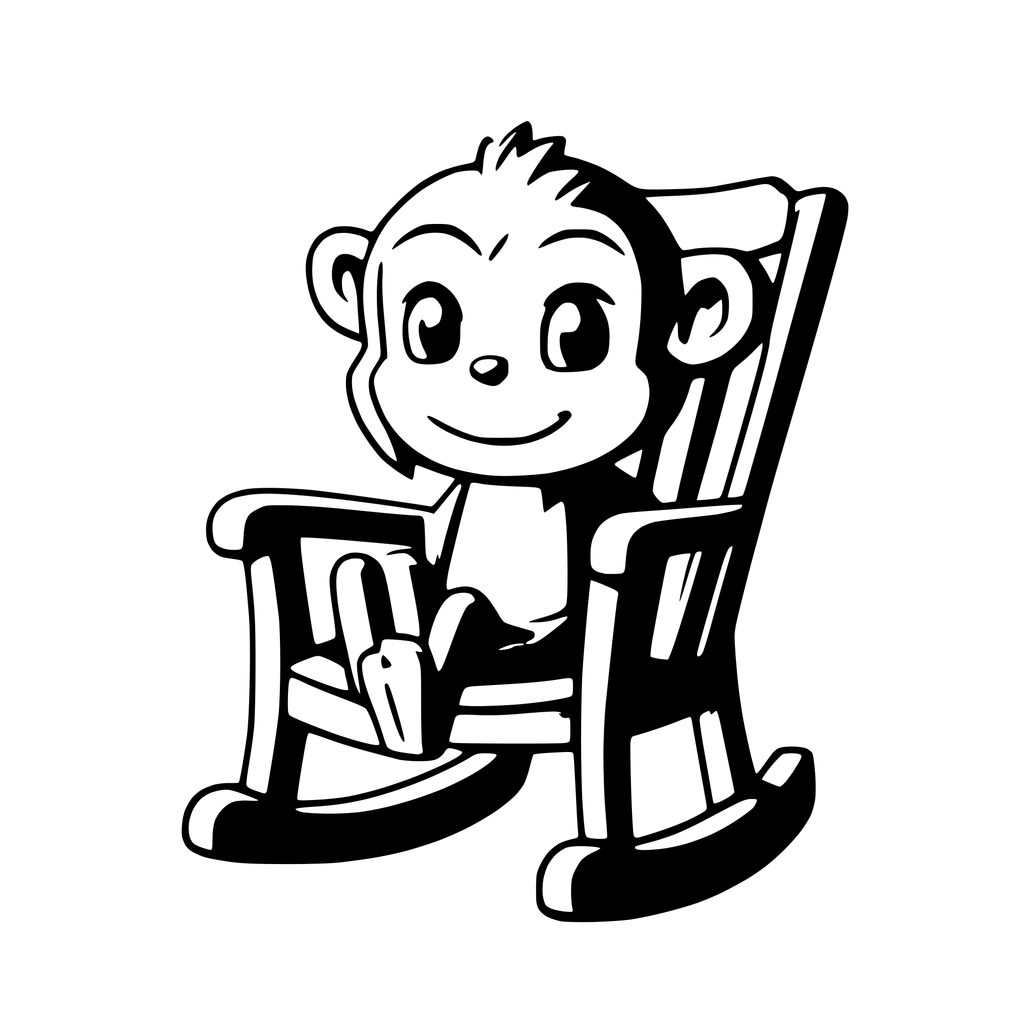 AI-generated SVG of a can you make a black and white picture of a cute cartoon monkey in a rocking chair