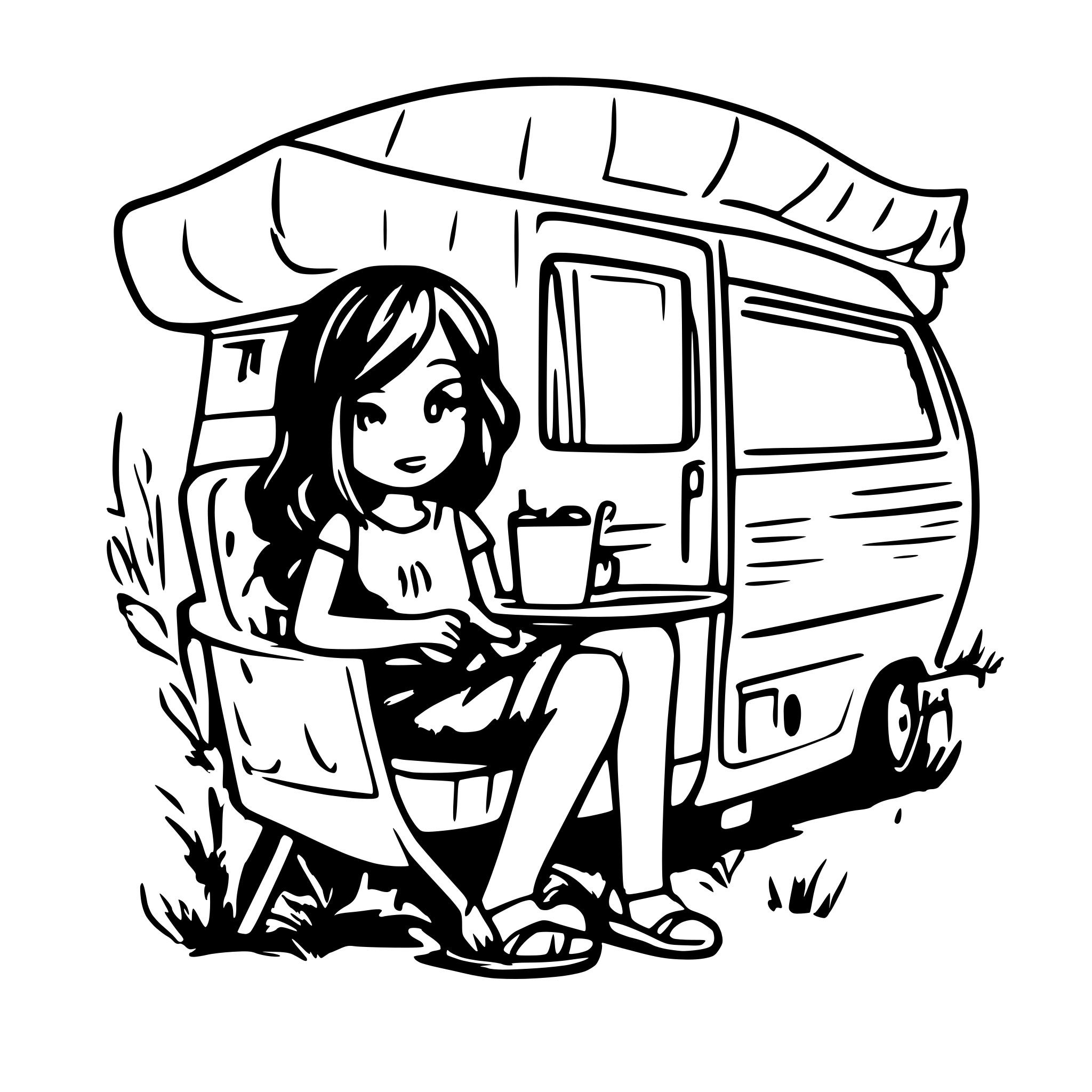 AI-generated SVG of a mid aged chubby lady with really short brown hair in a camping  chair add fifth wheel camper  swing a margarita