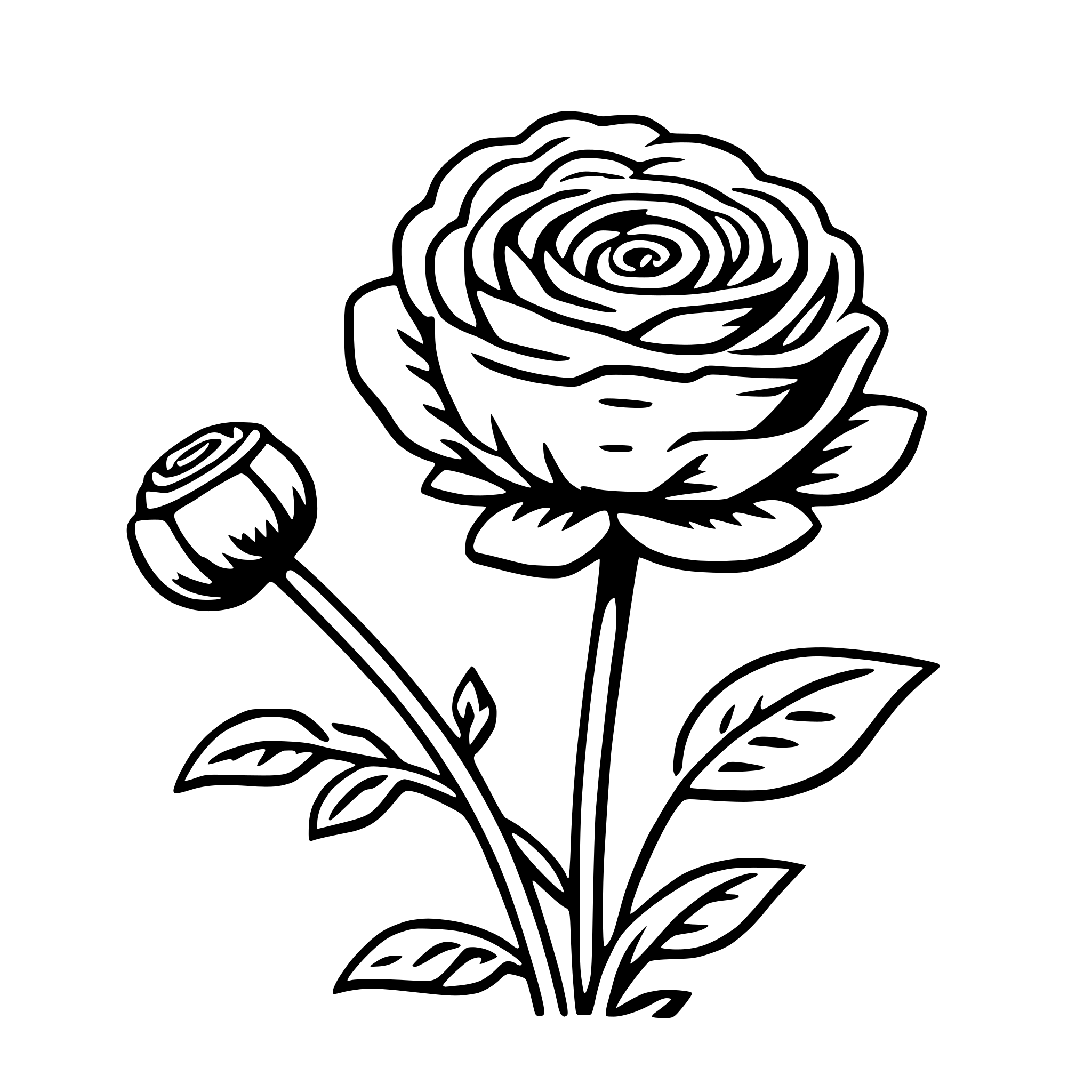 The SVG depicts a stylized rose with a single bloom and a few leaves. The rose has a detailed center with swirling patterns, and the petals are depicted with a smooth, rounded shape. The leaves are simple and have a pointed tip, suggesting a realistic yet simplified representation of a rose and its foliage. The rose is the central focus of the SVG, with the leaves extending outward from the stem. The stem itself is thin and straight, providing a contrast to the fuller appearance of the rose and leaves. The SVG is a black and white line drawing, which gives it a clean and minimalist aesthetic. 