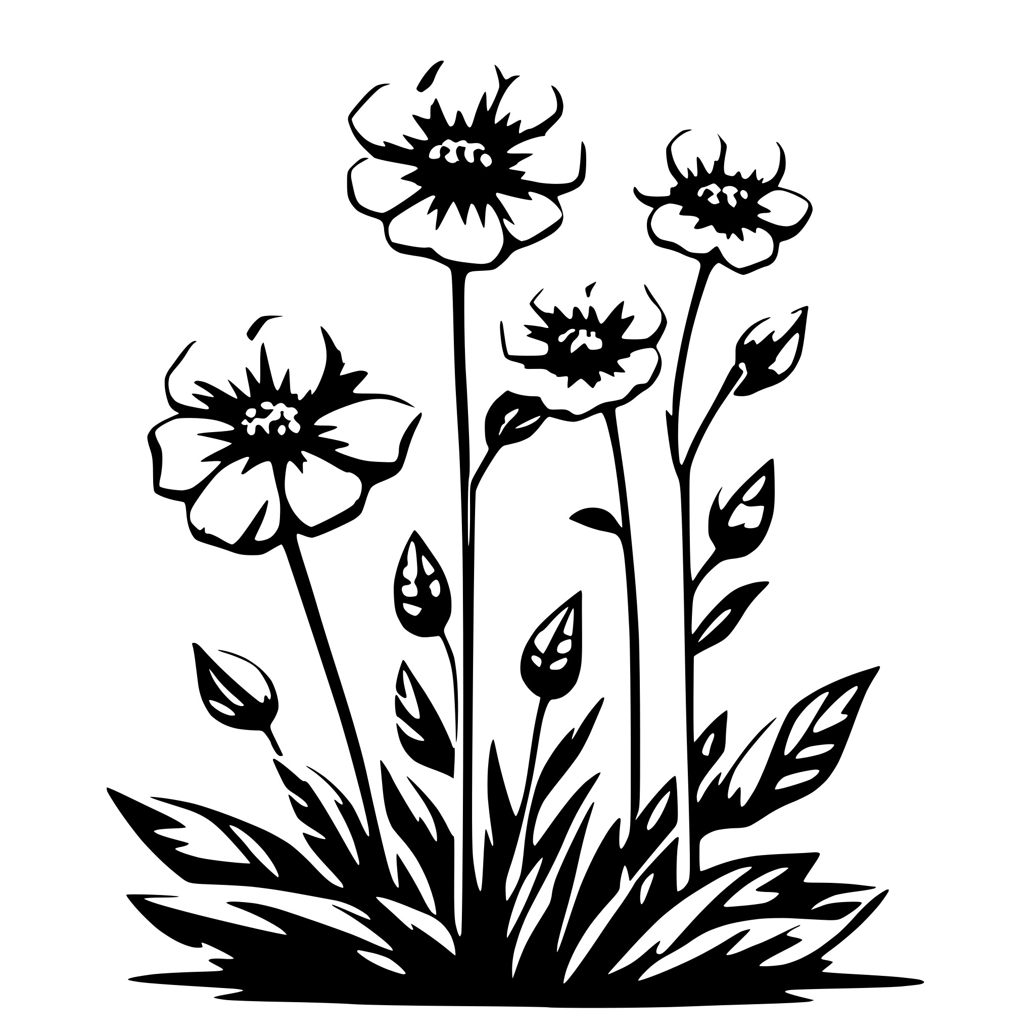 AI-generated SVG of '3 wildflowers on 1 long stem with leaves'