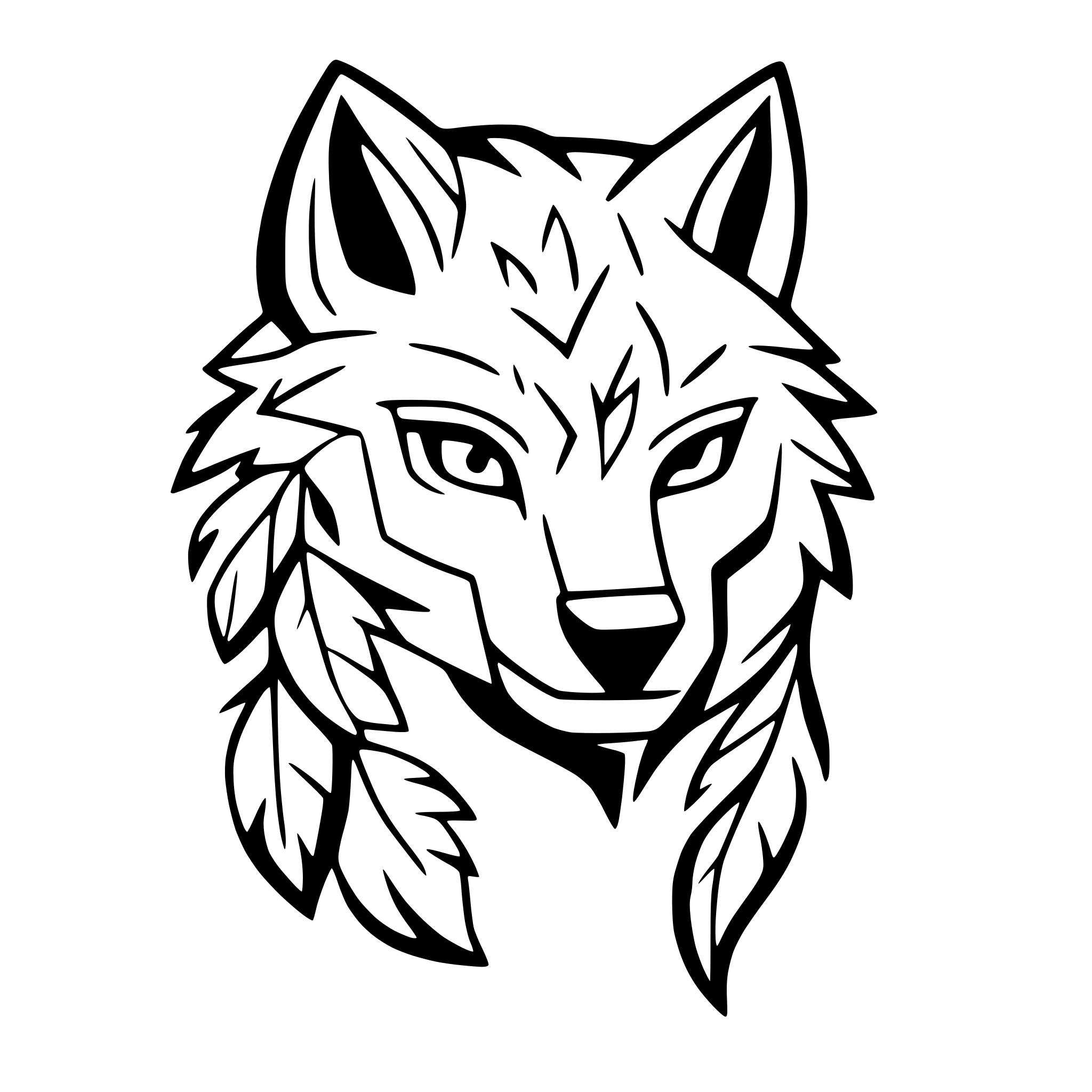 AI-generated SVG of 'tribal wolf head with feathers'