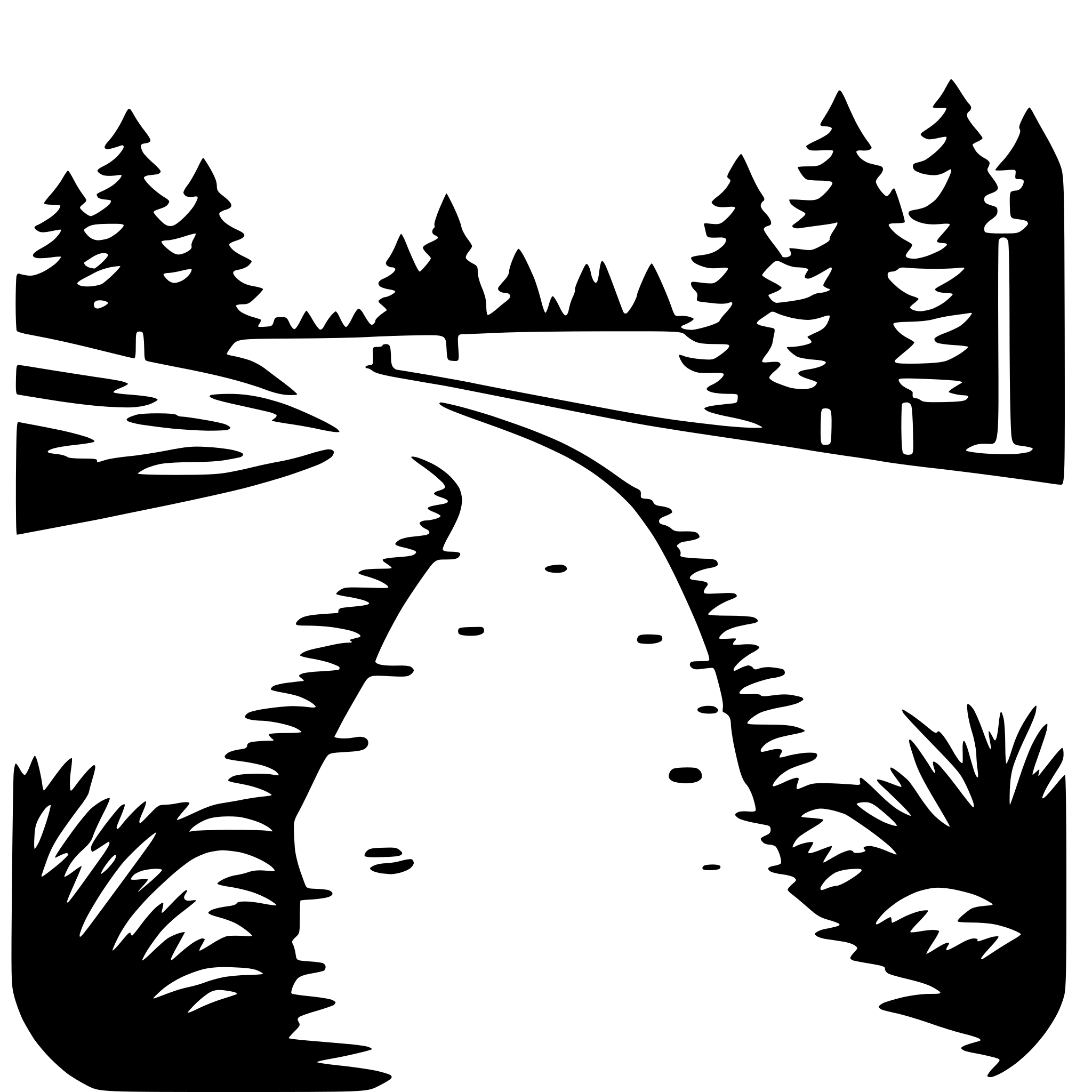 The SVG depicts a winter scene with a path leading through a forest. The path is flanked by snow-covered ground on both sides, and there are trees with snow on their branches. The trees are depicted in a simplified, silhouette-like style, with the trunks and branches outlined against a white background. The path itself is also outlined, suggesting a clear pathway through the snowy landscape. The overall impression is one of a serene, snowy forest scene, with the path inviting the viewer to imagine walking through the woods. 