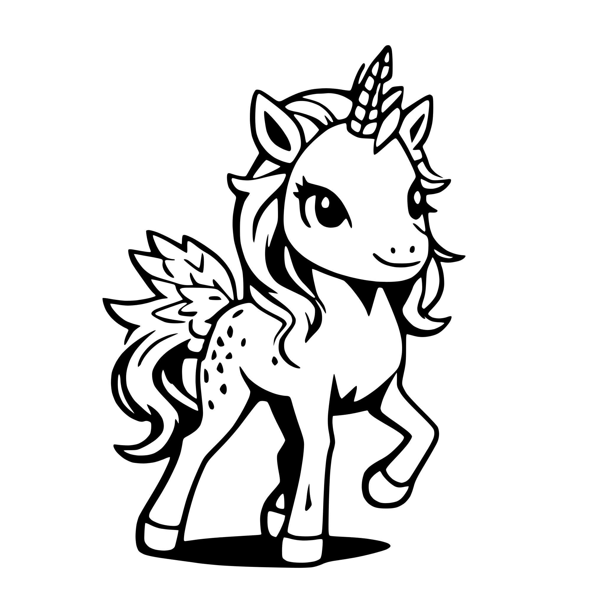 AI-generated SVG of a cute full body unicorn with flowing hair and wings smiling