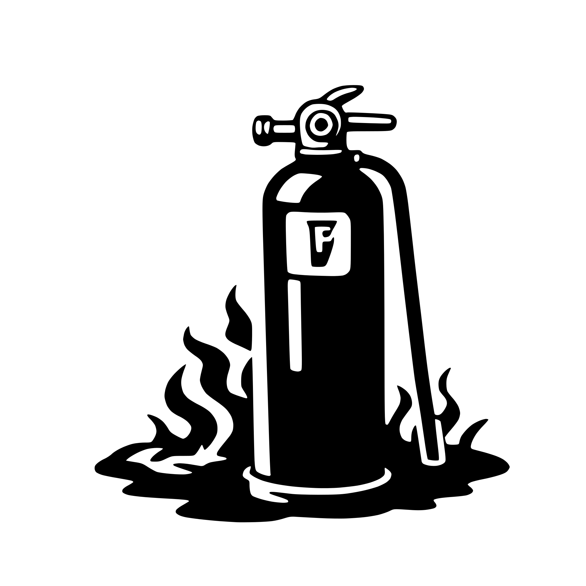 The SVG depicts a fire extinguisher with a visible fire at its base. The extinguisher has a cylindrical shape with a black body and a white top, featuring a nozzle and a trigger. The fire is represented by a series of flames in black, with the largest flame at the bottom, suggesting the fire is intense and close to the extinguisher. The flames are depicted in a simplified, cartoon-like style, with a few wisps extending beyond the base of the extinguisher. The SVG does not contain any text. The main object is the fire extinguisher, and its interaction with the fire is that it is being used to combat the flames. 