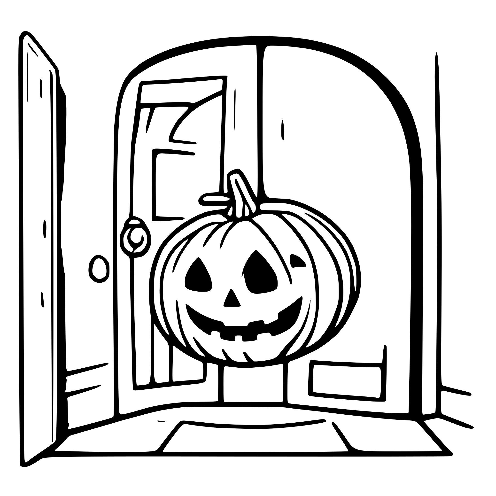 AI-generated SVG of a Carved Halloween pumpkin with a spooky face on two legs, standing at a door, ringing the bell and asking for sweets on Halloween night.