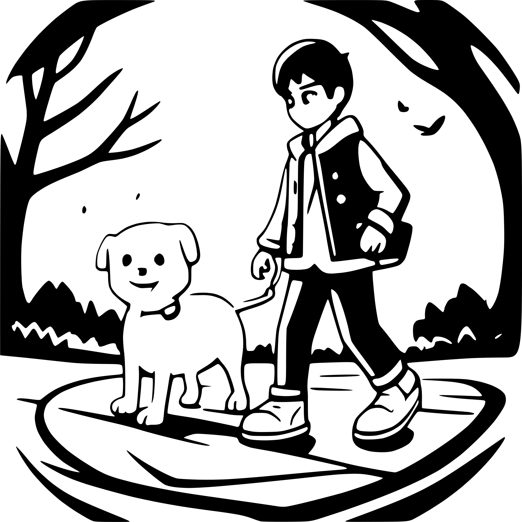 AI-generated SVG of a Two brown boys with curly black hair are walking a white Maltese puppy in the park.