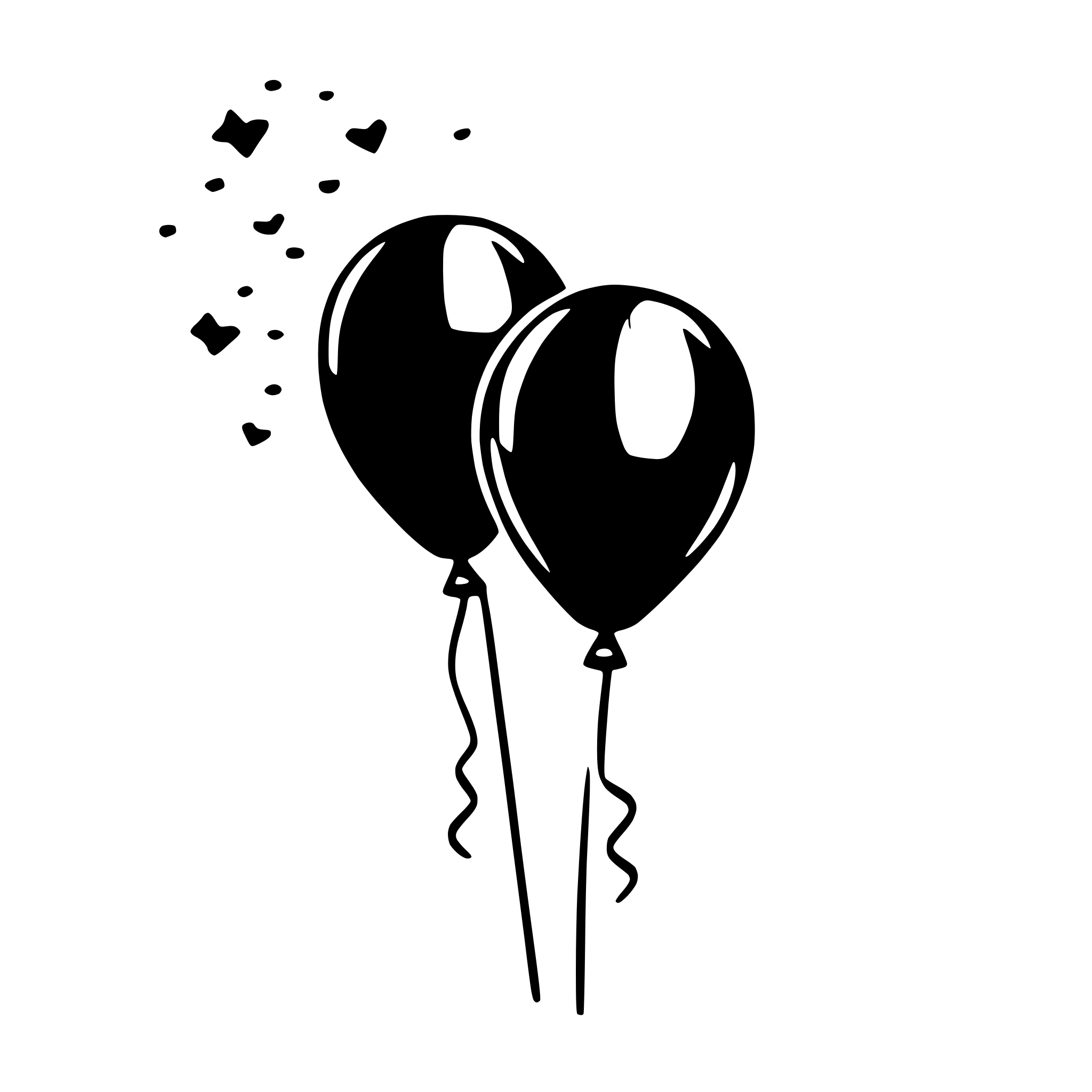 The SVG shows two black balloons tied to a stick, with a tail of curling ribbon. The balloons are floating, and there are small black shapes scattered around them, which could be interpreted as confetti or decorative elements. The stick is straight and extends upwards from the balloons. The background is plain and white, which contrasts with the black balloons and stick. 