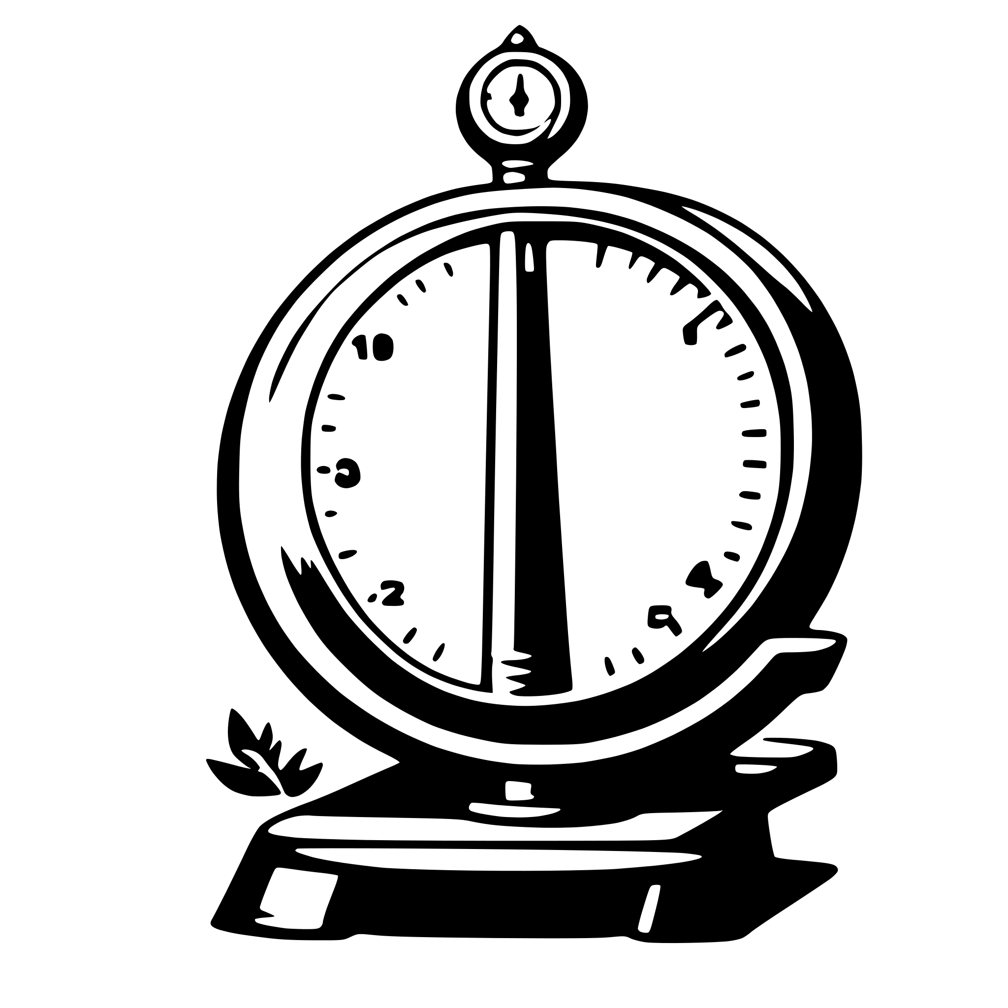The SVG shows a simple, stylized representation of a scale or balance. The scale has a circular face with a central vertical line, which is likely the fulcrum. The scale is marked with numbers and symbols around its circumference, indicating measurements or units of measurement. There is a small plant or flower depicted at the bottom of the scale, which could be a decorative element or a symbolic of balance or equilibrium. The scale is placed on a base that appears to be a flat, rectangular surface, which could be a table or a stand. The overall design is minimalistic and appears to be a graphic or icon rather than a realistic depiction. 