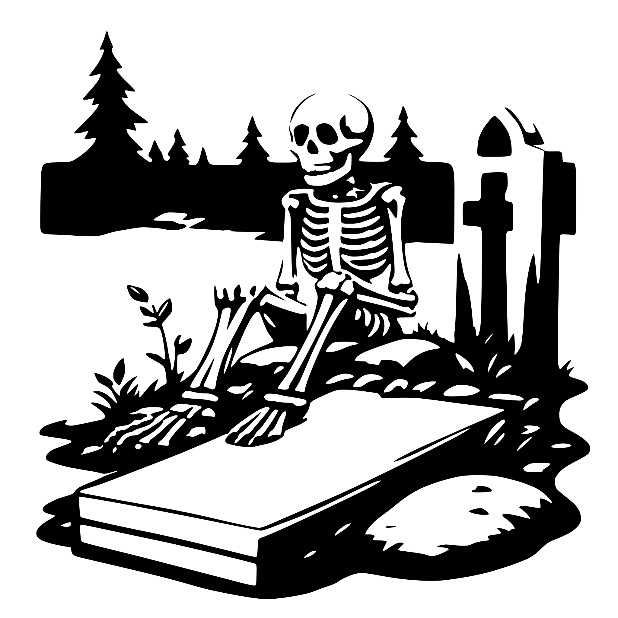 AI-generated SVG of a a skeleton climbs out of a grave with a book in his hand