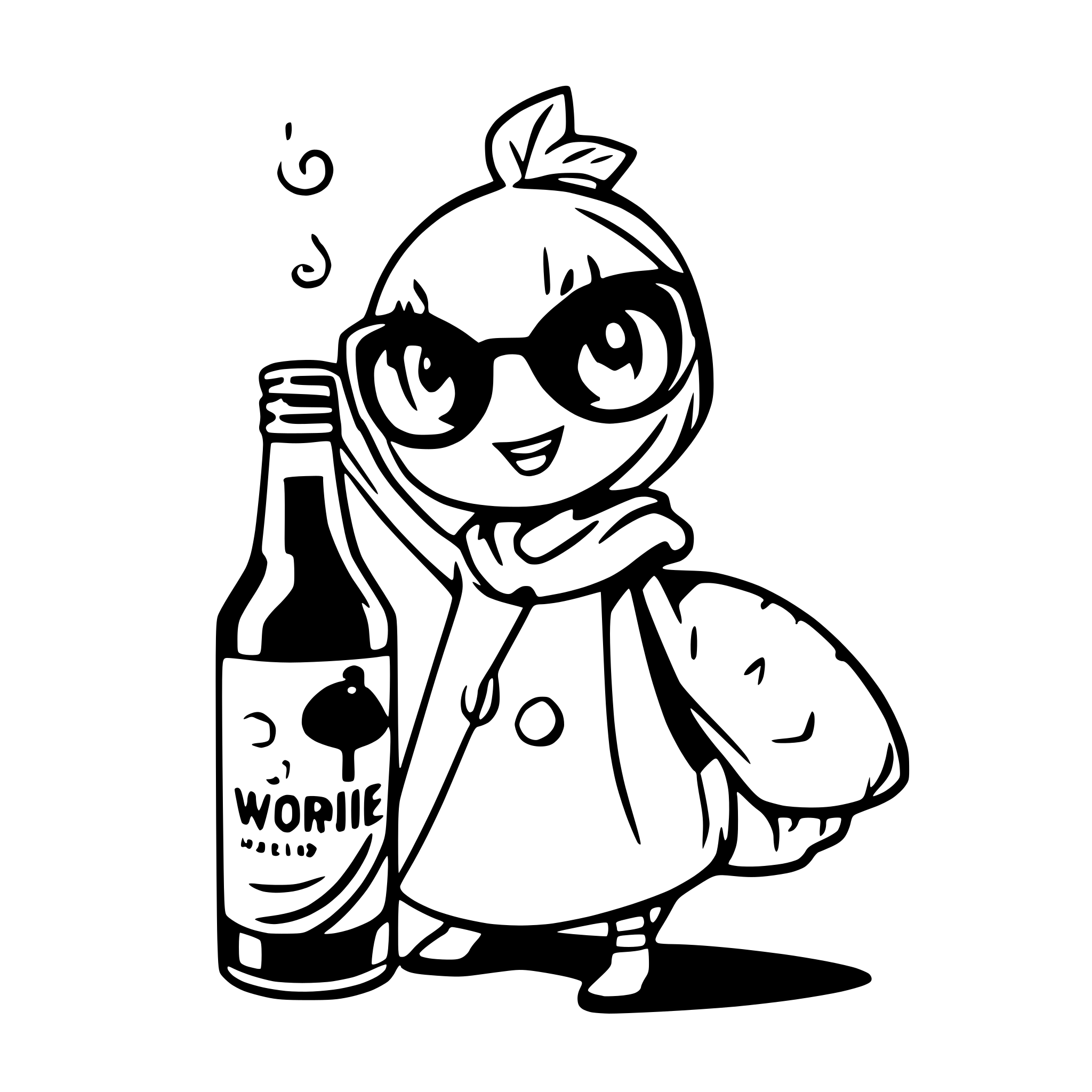 AI-generated SVG of a beer bottle, dancing on a snail, with sunglasses on