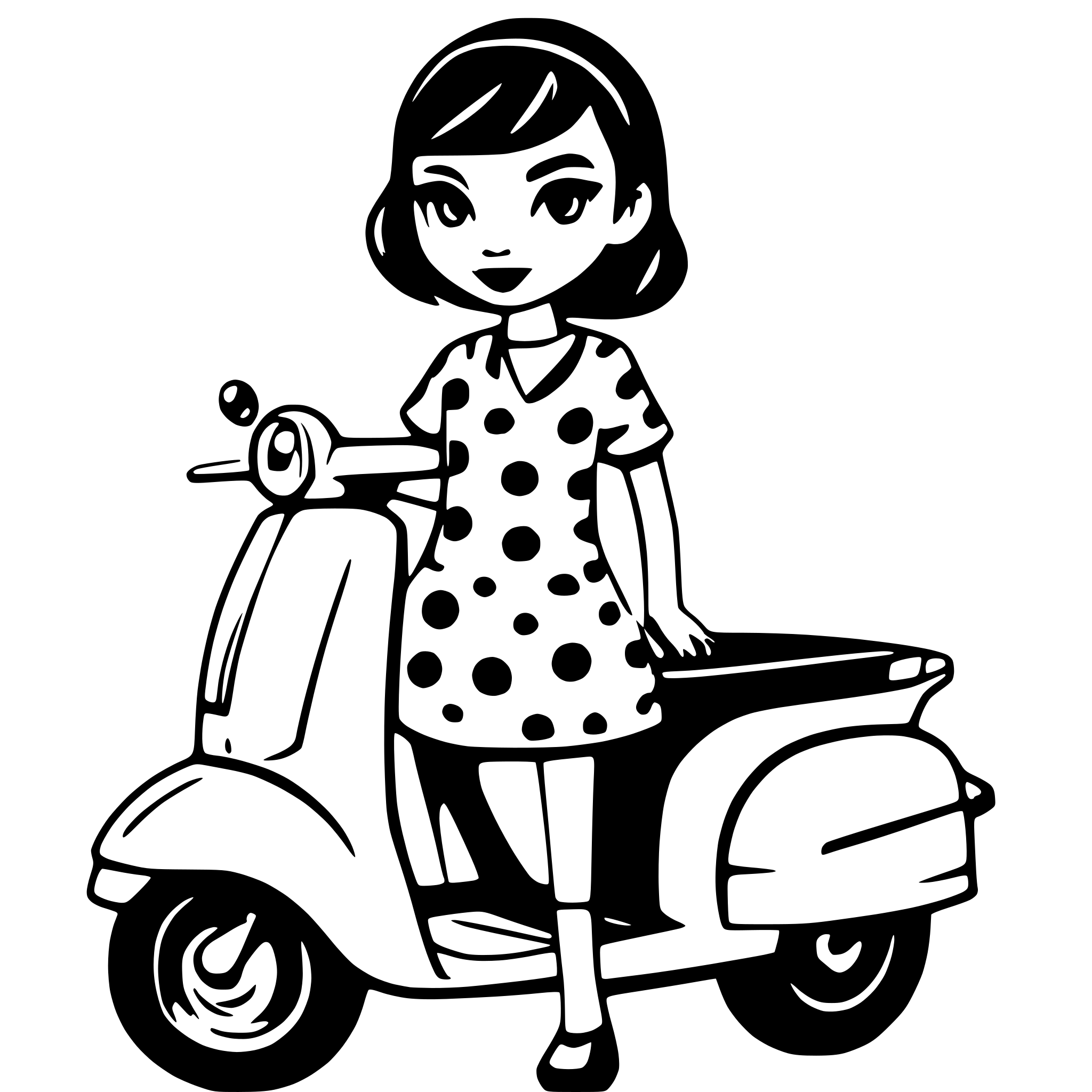 AI-generated SVG of a Girl on a vespa scooter with short dark hair and a polka dot dress