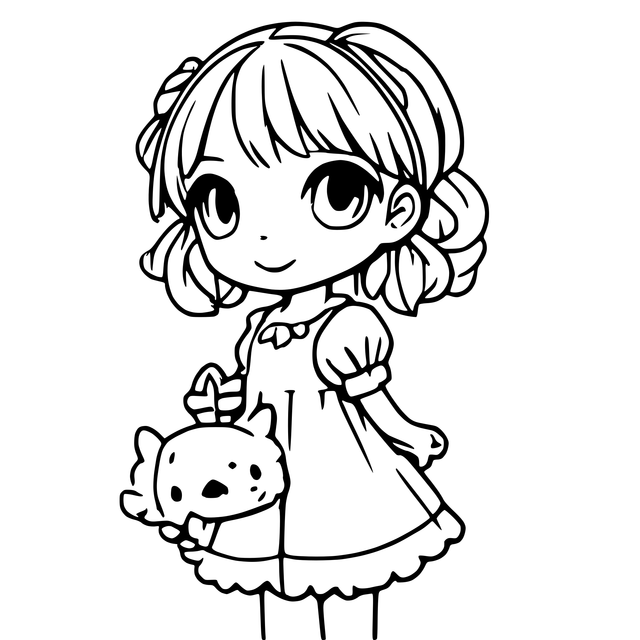 AI-generated SVG of a A cute chibi girl with big sparkling eyes and a cheerful smile, wearing a pastel-colored dress with frilly details. Her hair is a soft pink with lavender streaks, styled in two playful pigtails tied with ribbons. She’s holding a tiny stuffed animal in one hand and a lollipop in the other. The background is a dreamy, soft cloud-filled sky with a few stars twinkling around her. She has a joyful, innocent expression, radiating a sense of happiness and warmth