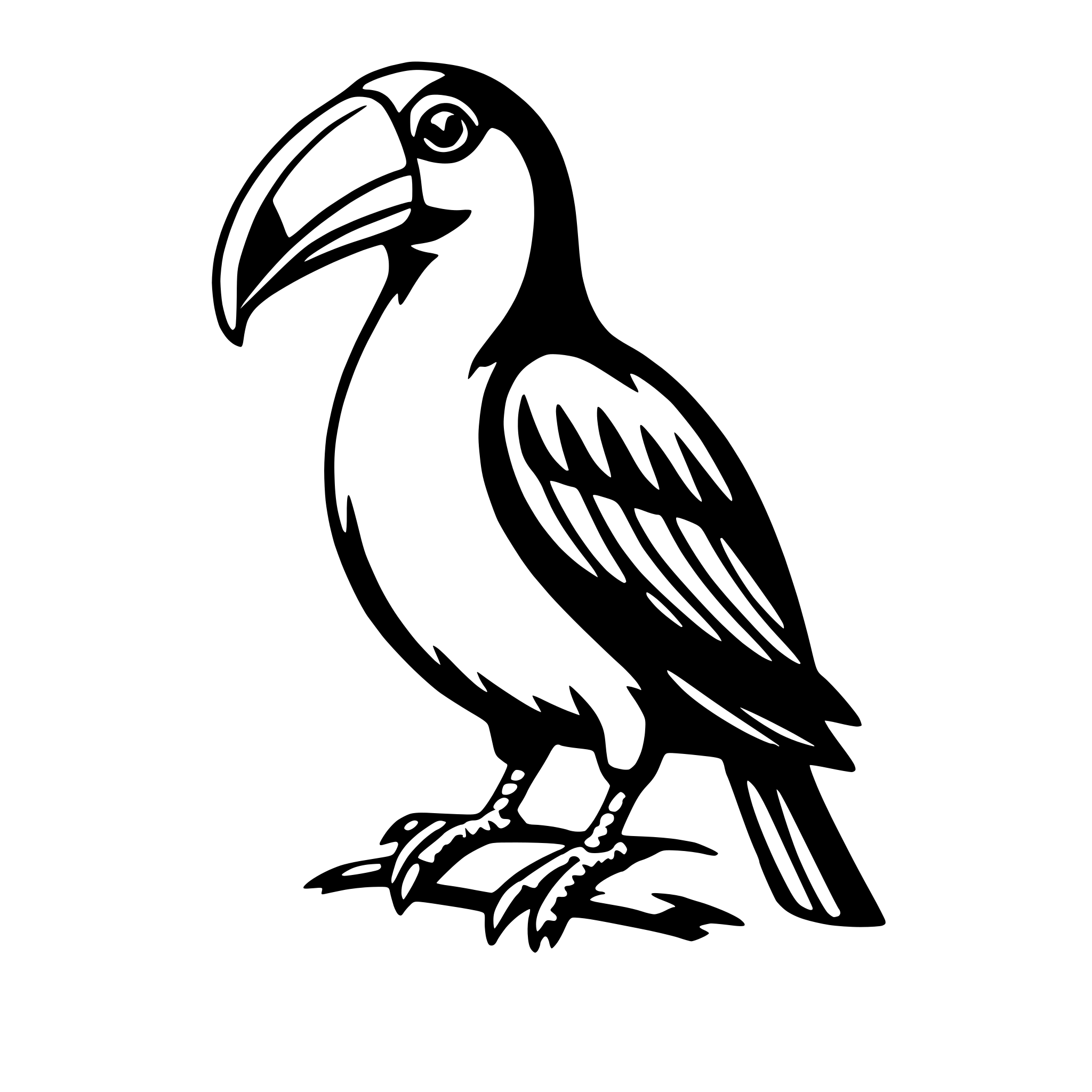 The SVG shows a stylized black and white illustration of a bird. The bird is depicted with a prominent beak, large eyes, and a pattern of feathers on its body. It is standing on one leg, with the other leg tucked under its body. The bird's tail feathers are visible, and it appears to be facing slightly to the left. The SVG is simple and does not include any additional objects or interactions. 