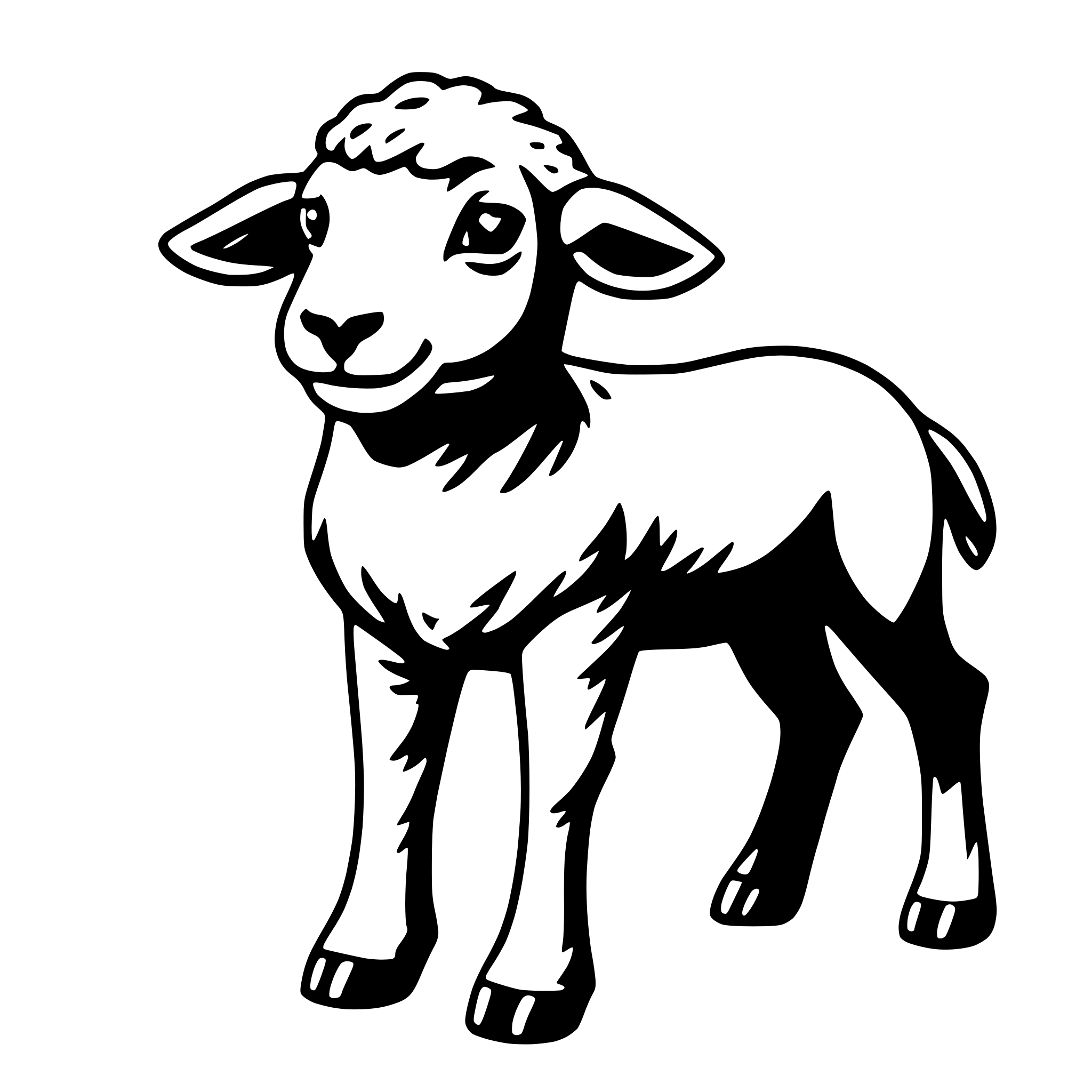 The SVG shows a simple line drawing of a sheep. The sheep is depicted with a round head, two ears, two eyes, a nose, and a mouth. It has a body with a belly, four legs, and a tail. The sheep is standing upright with its head turned slightly to the side. The SVG is a vector graphic, which means it is composed of lines and shapes that can be scaled without losing quality. There is no interaction between objects in this SVG as it is a static graphic. 