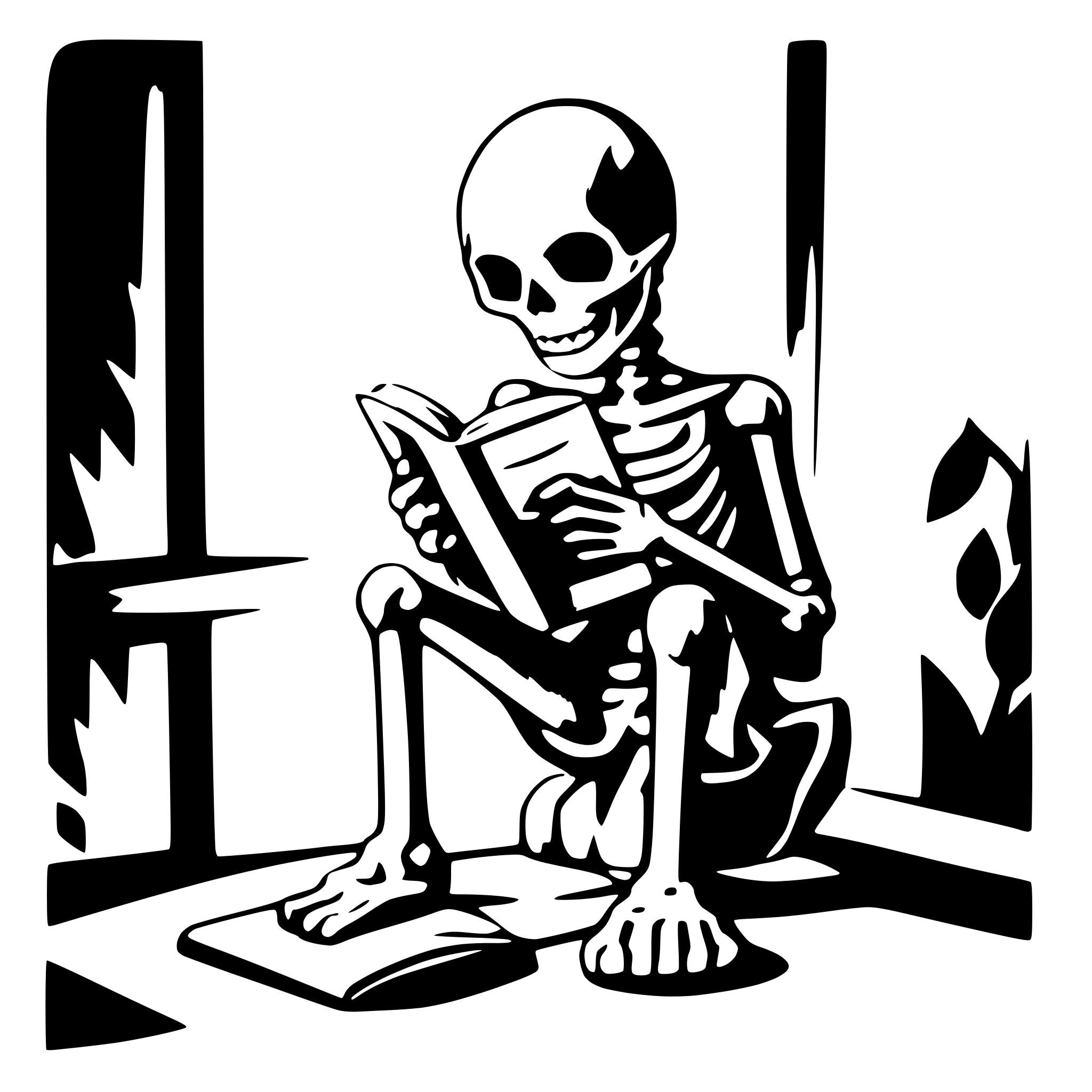 AI-generated SVG of a skeleton reading a book