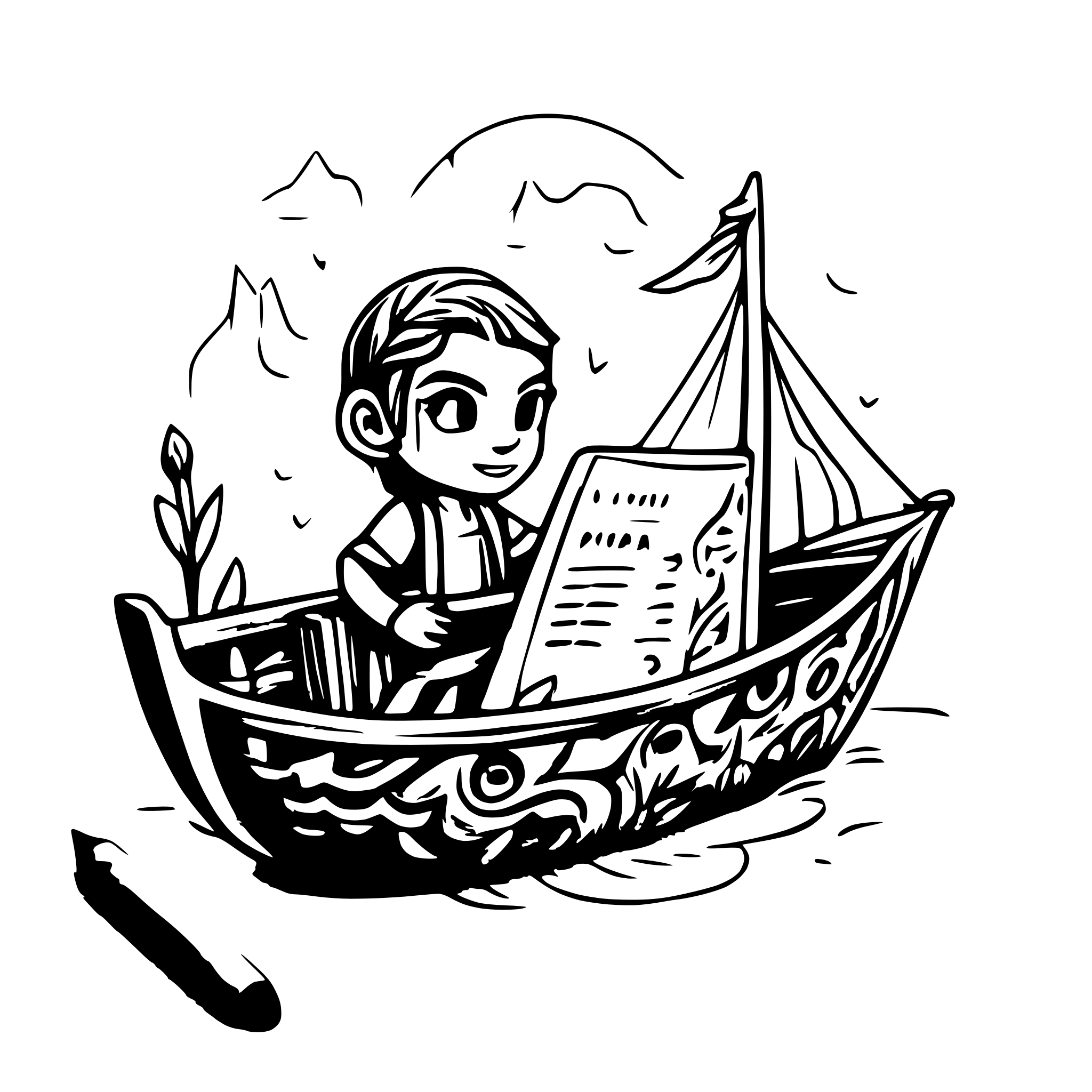 AI-generated SVG of a Ulixes on his greek boat carrying a book in his hand