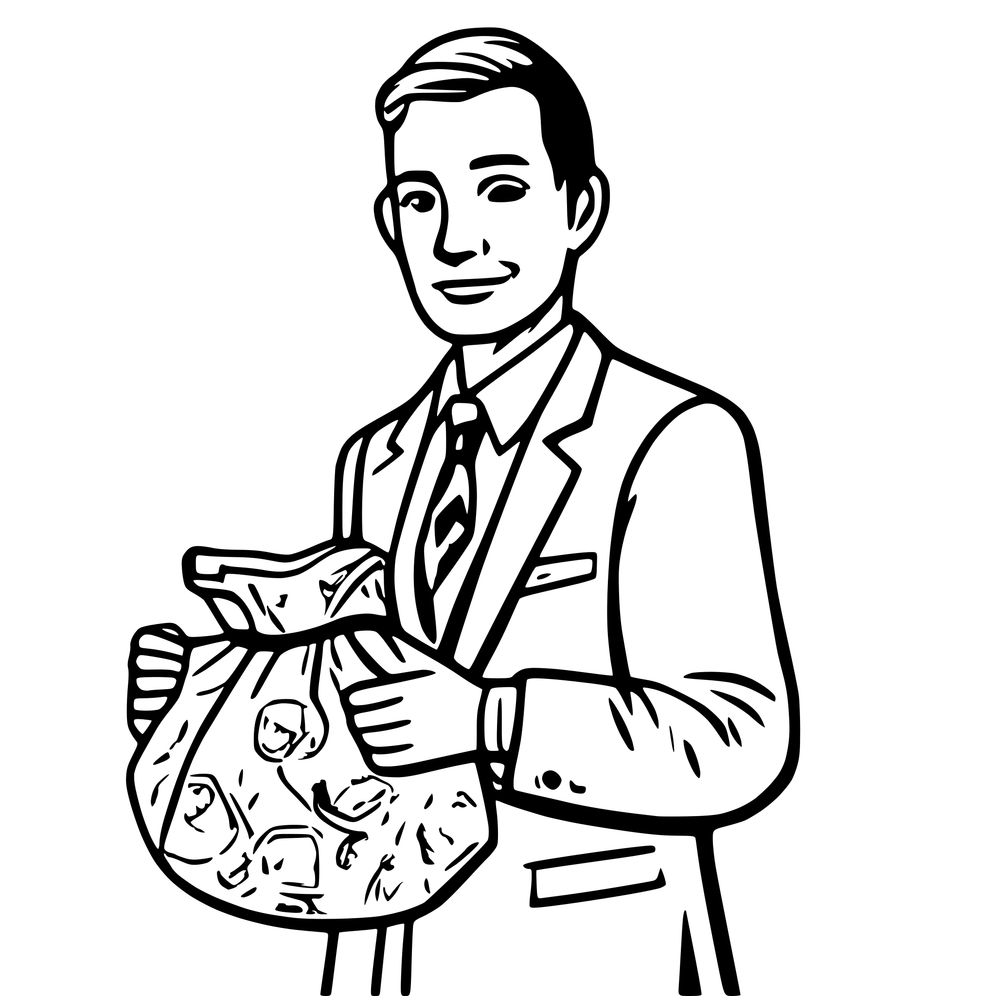 AI-generated SVG of a A man in a tweed suit runs, clutching a bag of coins in both hands and pressing it to his chest. The coins themselves are not visible. AI-generated SVG of a A man in a tweed suit runs, clutching a bag of coins in both hands and pressing it to his chest. The coins themselves are not visible.