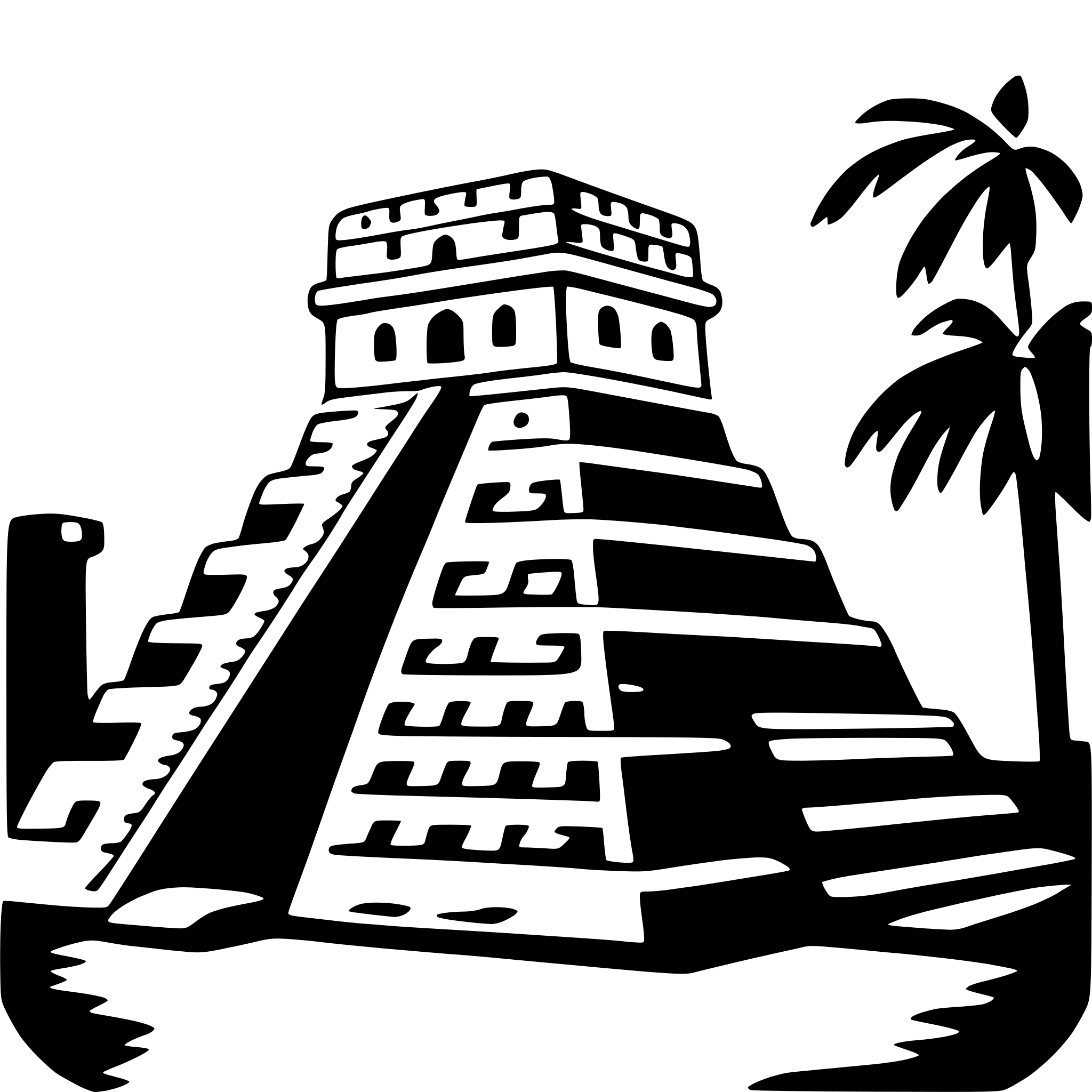 The SVG depicts a stylized representation of the Pyramid of the Sun at the ancient Mesoamerican site of Teotihuacan. The pyramid is shown with a series of stepped levels leading up to a flat top, and it is flanked by two smaller structures that resemble temples. The pyramid is set against a backdrop that includes a palm tree and a body of water, suggesting a tropical or subtropical location. The SVG is rendered in a simplified, graphic style with solid black lines and no shading or color, emphasizing the geometric shapes and lines of the architecture. 