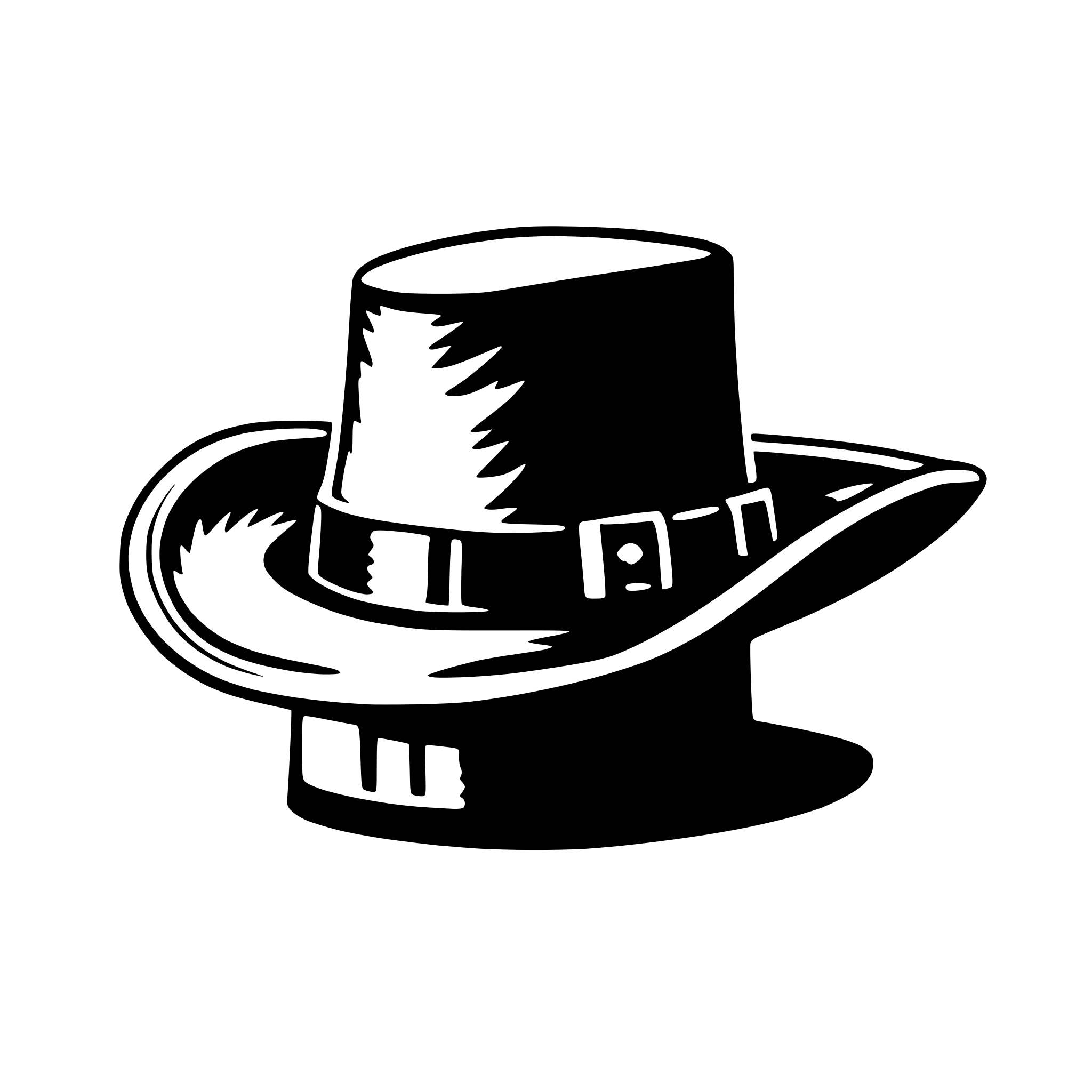 The SVG shows a stylized black and white illustration of a cowboy hat. The hat has a wide brim and a high, pointed crown. It features a band around the base, which is adorned with a decorative pattern. The SVG is simple and does not depict any interaction between objects. 