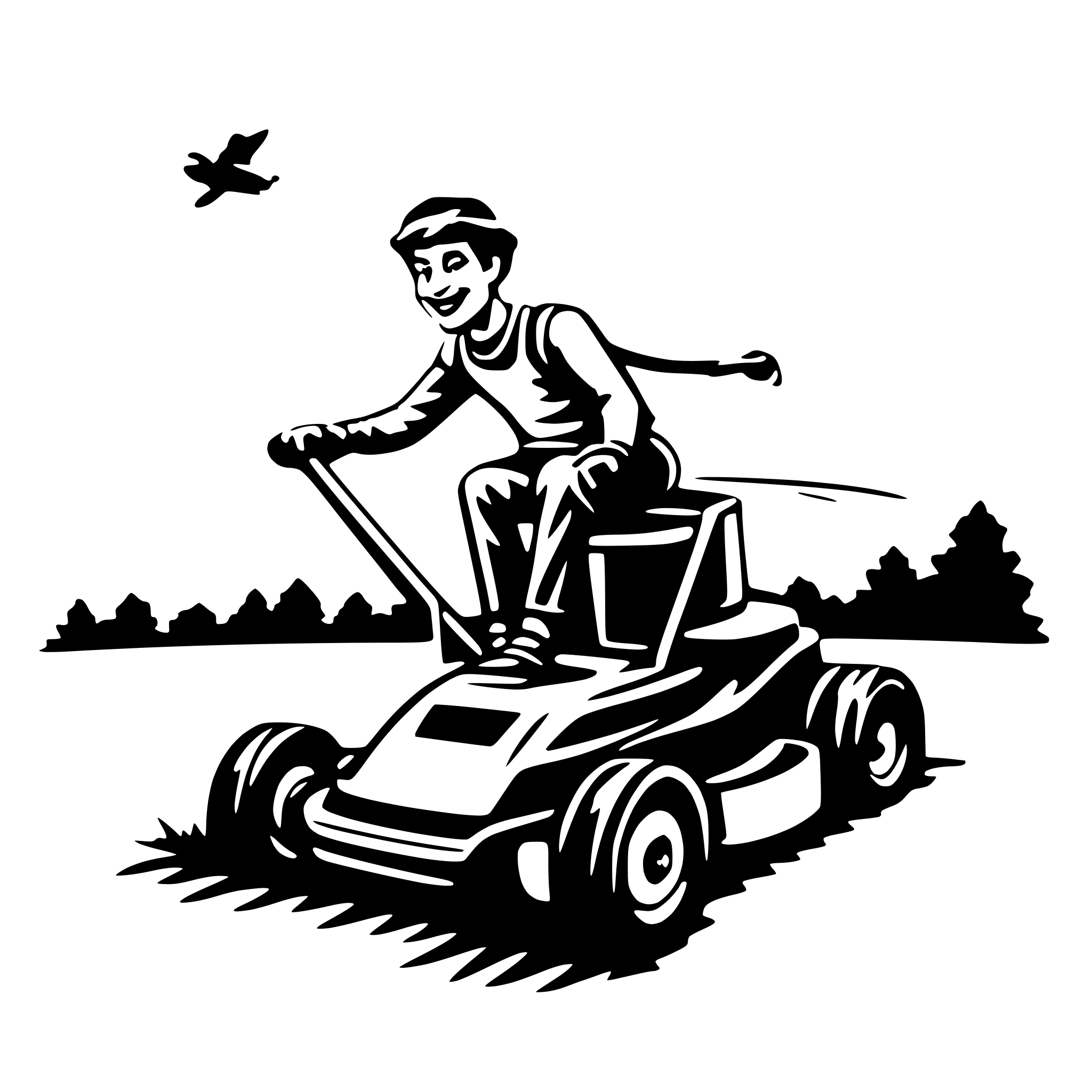 AI-generated SVG of 'funny flying man lawn mower'