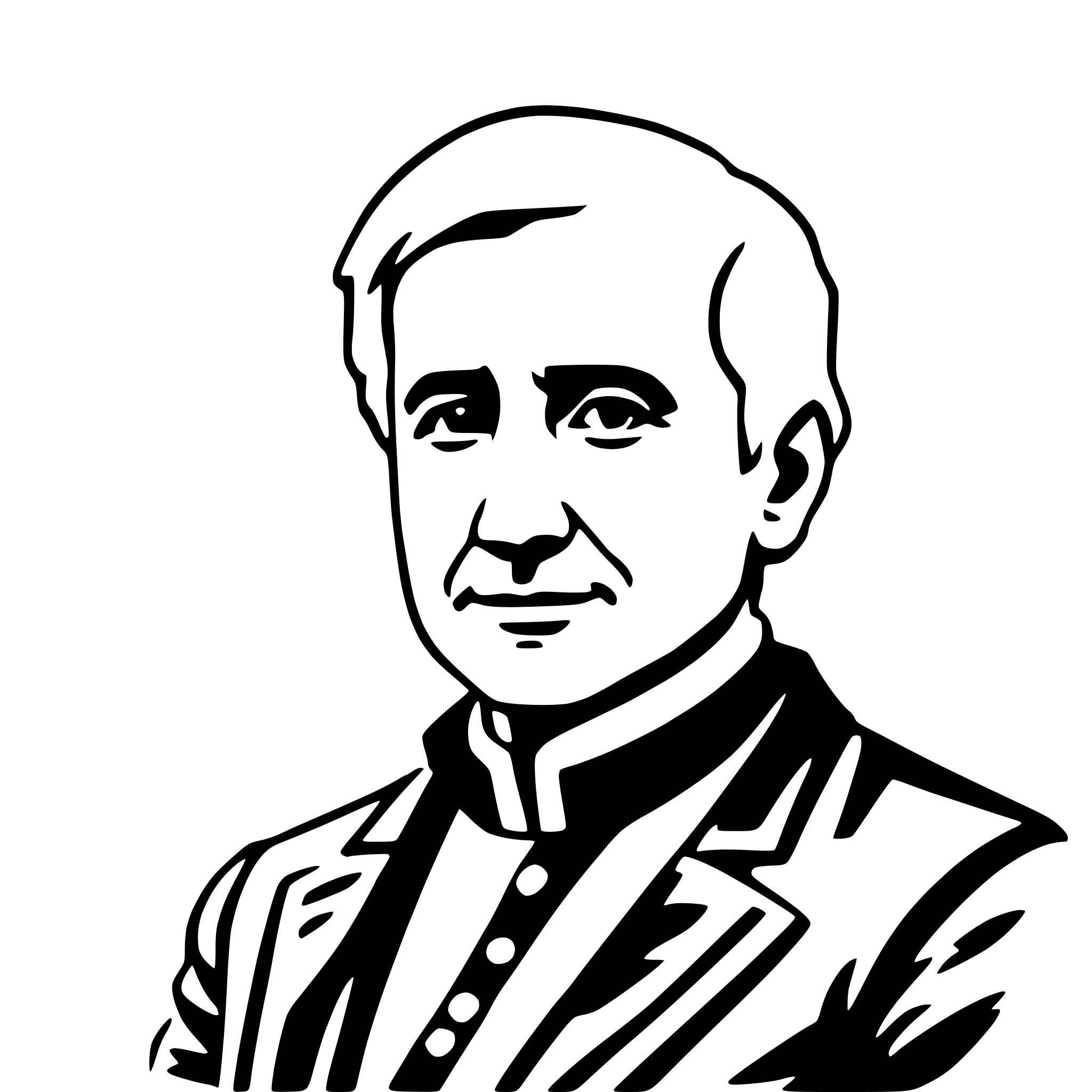 The SVG is a black and white line drawing of a man. He is depicted with a neatly combed hairstyle, a well-groomed beard, and a mustache. The man is wearing a suit with a tie, suggesting a formal or professional attire. The suit has a double-breasted design with a notch lapel, and the tie is knotted in a Windsor knot. The man's expression is neutral, and he is looking directly at the viewer. The SVG does not contain any text or additional objects. The man's position in the SVG is central, and there is no interaction between the man and other objects, as the SVG is a portrait with a focus on the individual. 