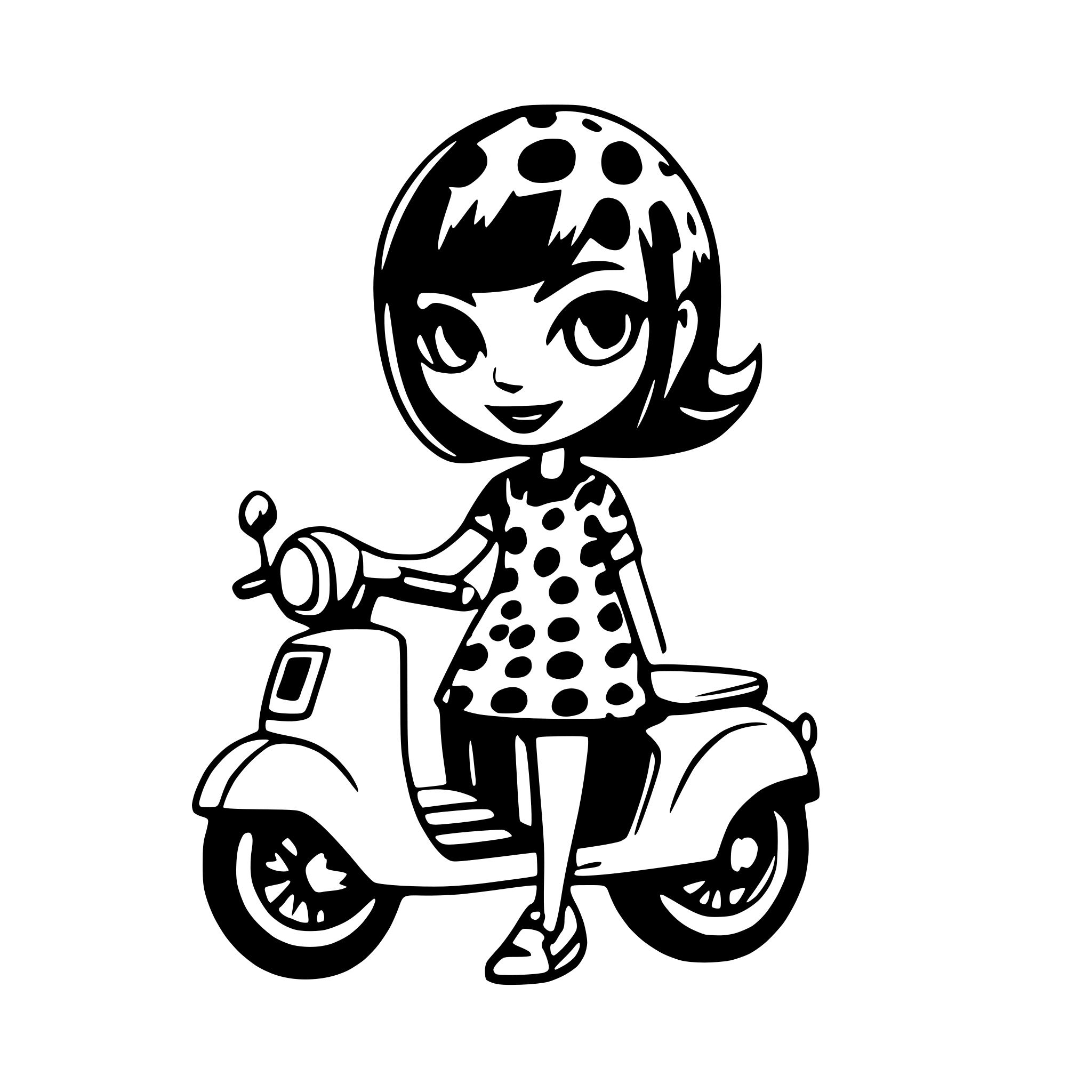 AI-generated SVG of a Girl on a vespa scooter with short dark hair and a polka dot dress