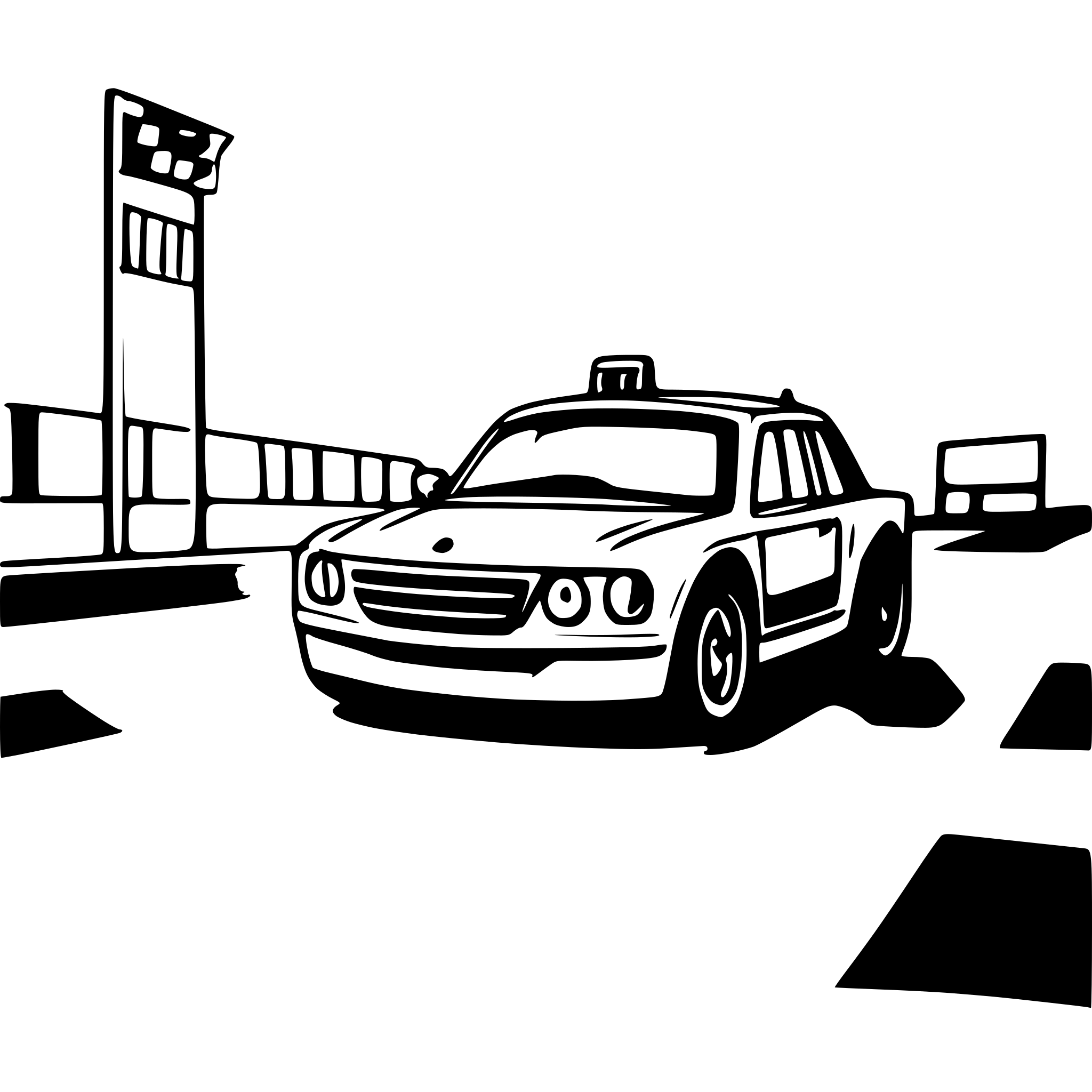 AI-generated SVG of a A BMW car driving through the finish line in a race.a little baby is standing right by the car and it looks like a racer with a litle cup in his hand  In the foreground, there is a classic race finish banner with the word 'ZIEL' written on it. The image is minimalistic, with no background, no shadows, and a clean, simple style.