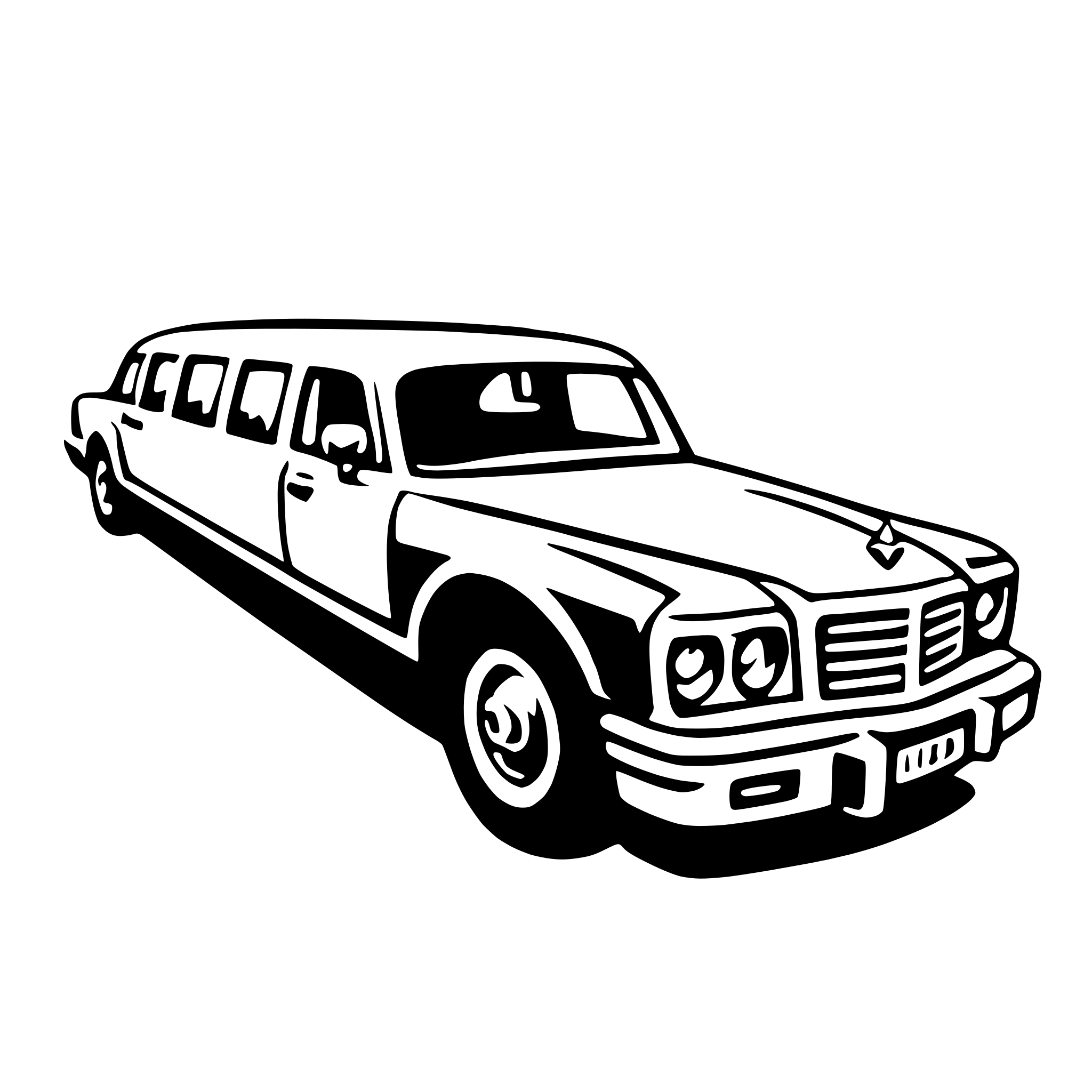 The SVG depicts a classic, elongated limousine with a prominent front grille and headlights. The vehicle is shown in a side profile view, with the front facing to the right. The design is simplistic, with minimal detail, and it is rendered in a black and white line art style. The limousine appears to be stationary, and there are no visible interactions with other objects or characters. 