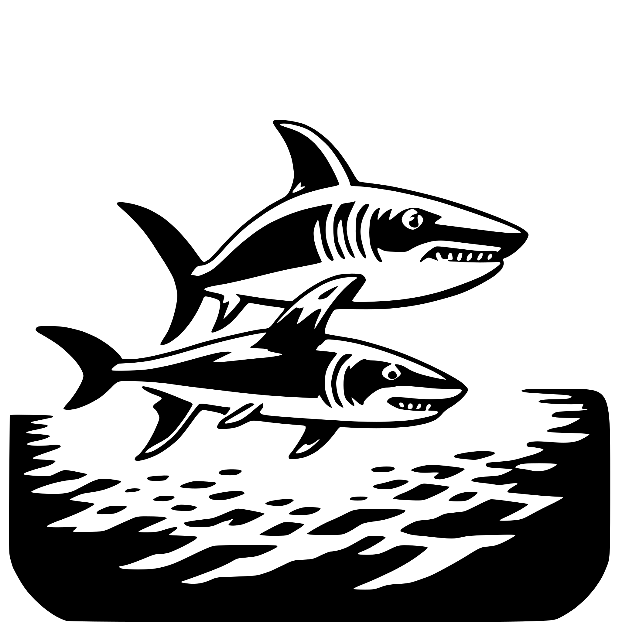 The SVG depicts two sharks swimming in a body of water. The shark on the left is slightly ahead of the one on the right, and they appear to be moving in the same direction. The sharks are stylized with a simple, cartoon-like design, featuring a dorsal fin, tail fin, and a mouth with visible teeth. The water is represented by a series of wavy lines, suggesting movement and the presence of waves or ripples. The overall style is minimalistic and graphic, with a clear focus on the sharks and their interaction with the water. 