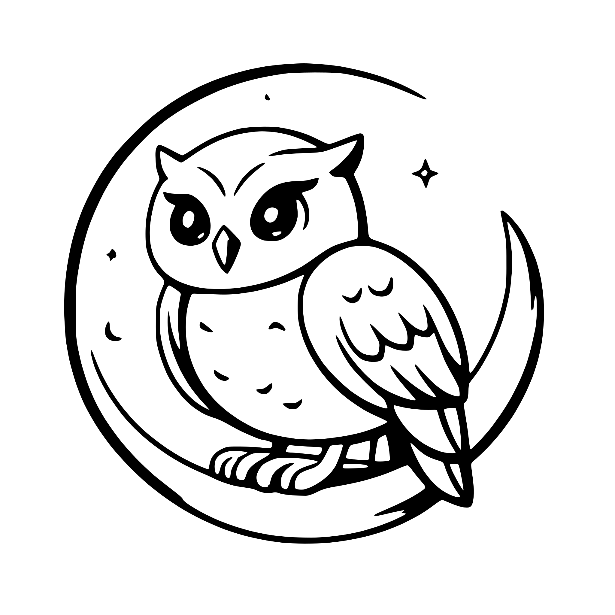 AI-generated SVG of a a sleepy owl perched on a crescent moon