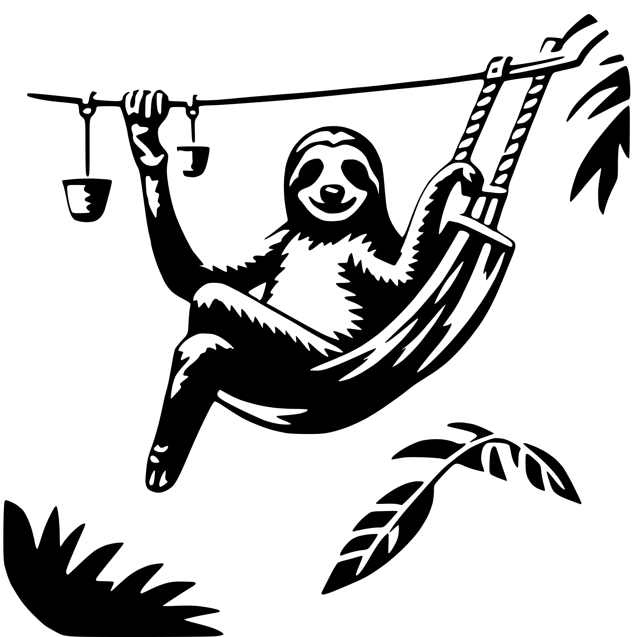 The SVG depicts a stylized illustration of a sloth hanging from a rope. The sloth is shown in a relaxed posture, with its body curled around the rope and its head turned to the side, giving a sense of its characteristic slow-moving behavior. The sloth is surrounded by leaves, suggesting a natural, outdoor setting. The style of the illustration is simple and cartoonish, with bold outlines and minimal shading. 