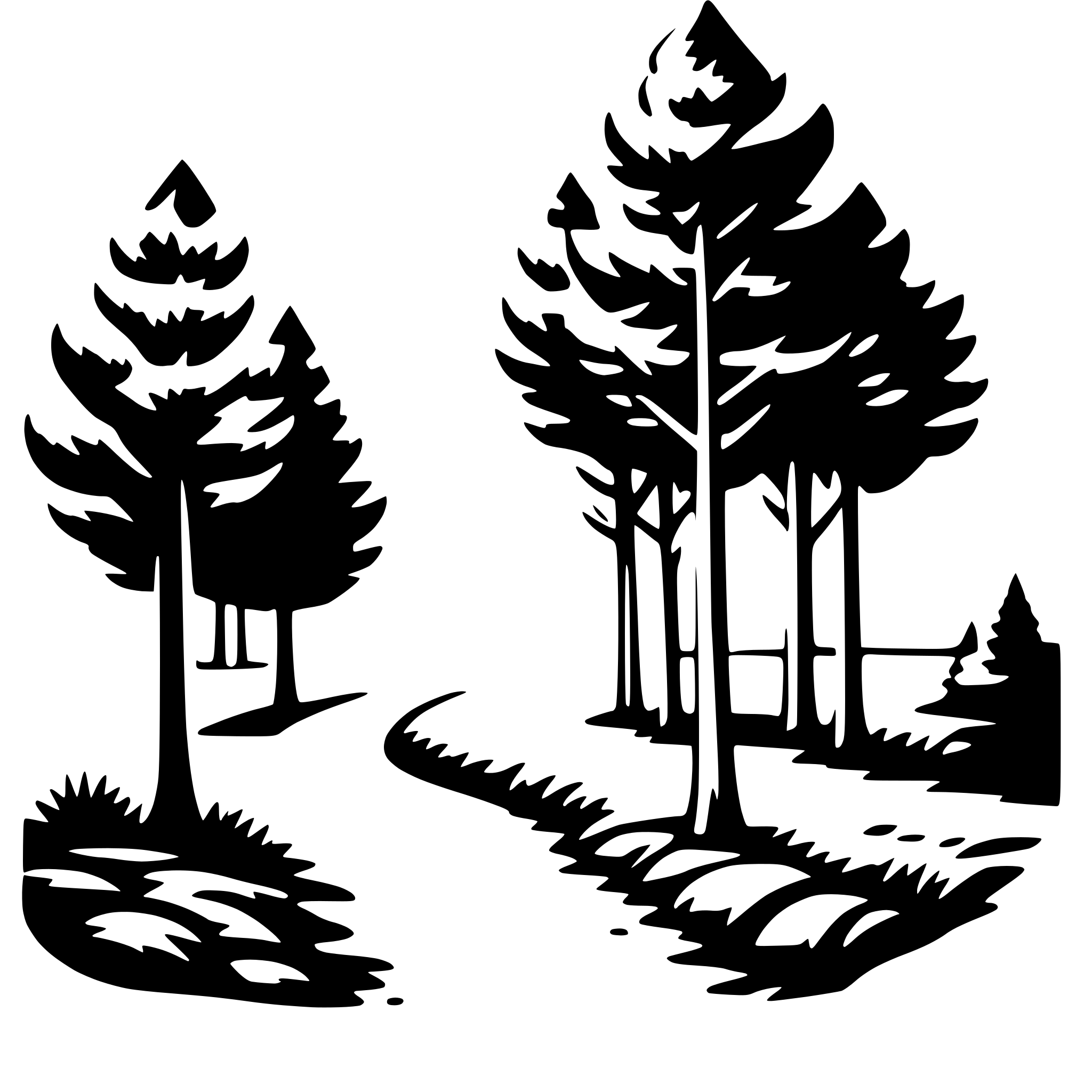 The SVG shows two stylized trees and a pathway between them. The trees are depicted with a simple, silhouette-like design, with the trunks, branches, and foliage outlined in black against a white background. The pathway is also shown in black, suggesting a path that leads from one tree to the other. The trees are positioned on either side of the path, creating a symmetrical composition. The overall style is minimalistic and graphic, with no shading or textures to indicate depth or texture. 