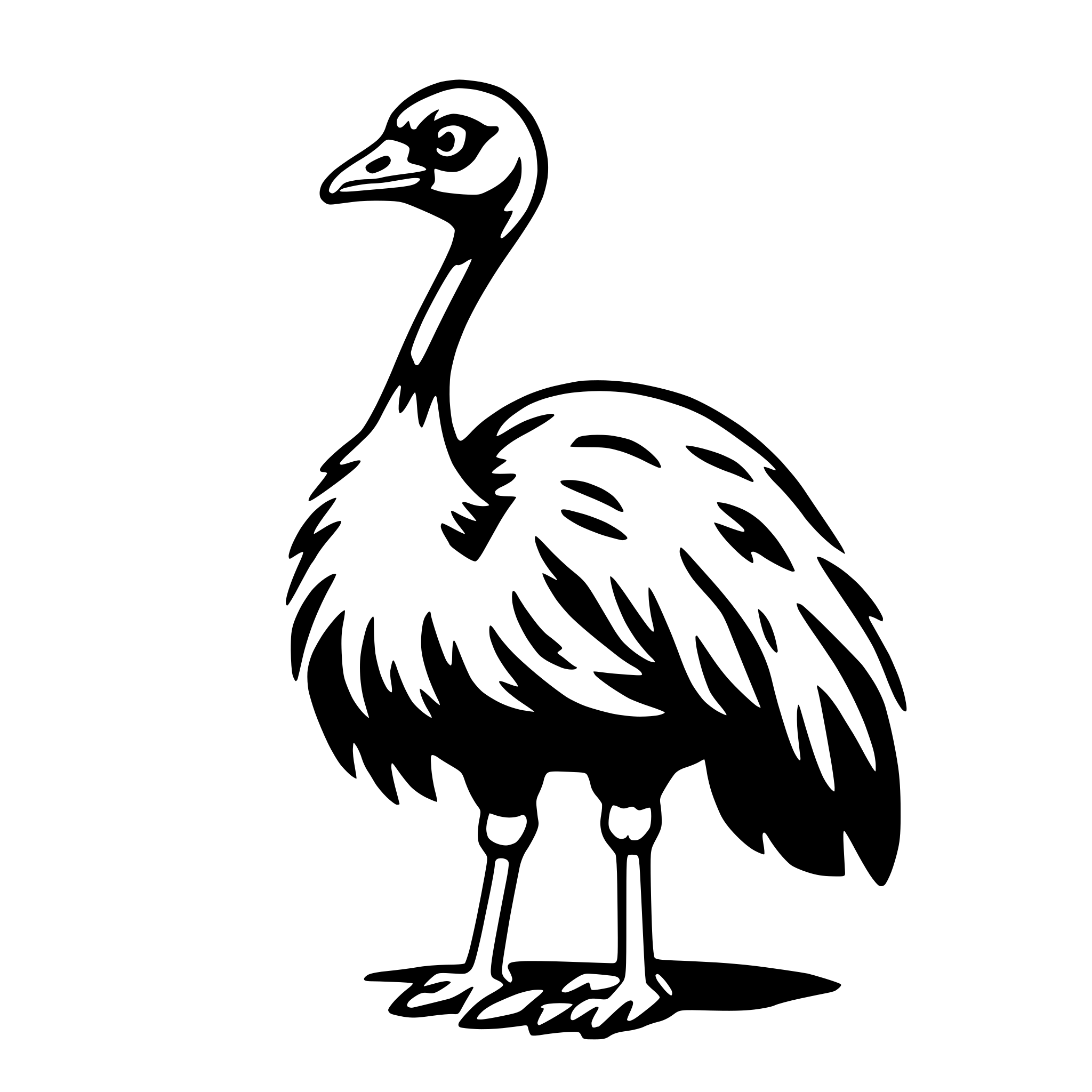 The SVG shows a stylized black and white illustration of an ostrich. The ostrich is depicted with a prominent head, a long neck, and a body covered in feathers. It has two legs with visible knees, and its feet are not visible. The ostrich is standing upright, and its head is turned slightly to the left. The SVG is simple and does not include any additional objects or interactions. 