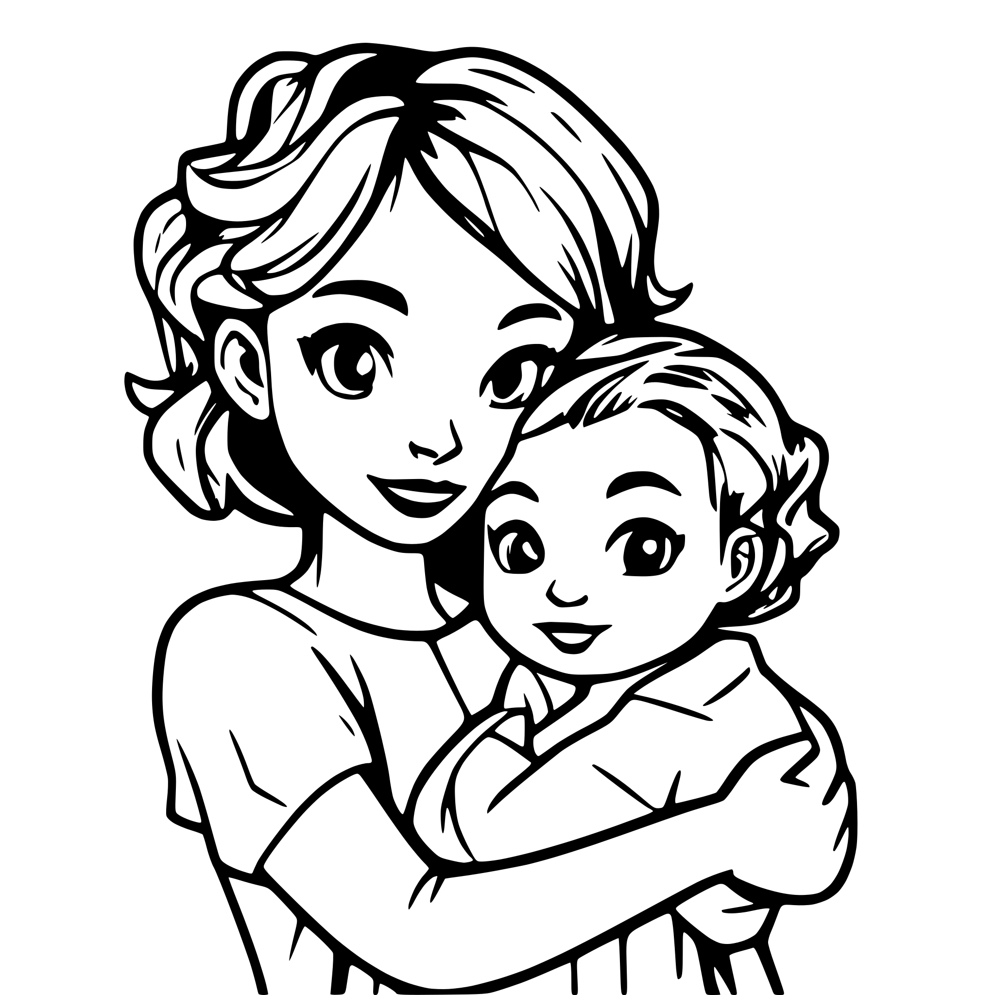 AI-generated SVG of a Line art of a cute mother holding a baby mother has has curly hair in a bun andthe baby is cute with short hair. Isolated on white background
