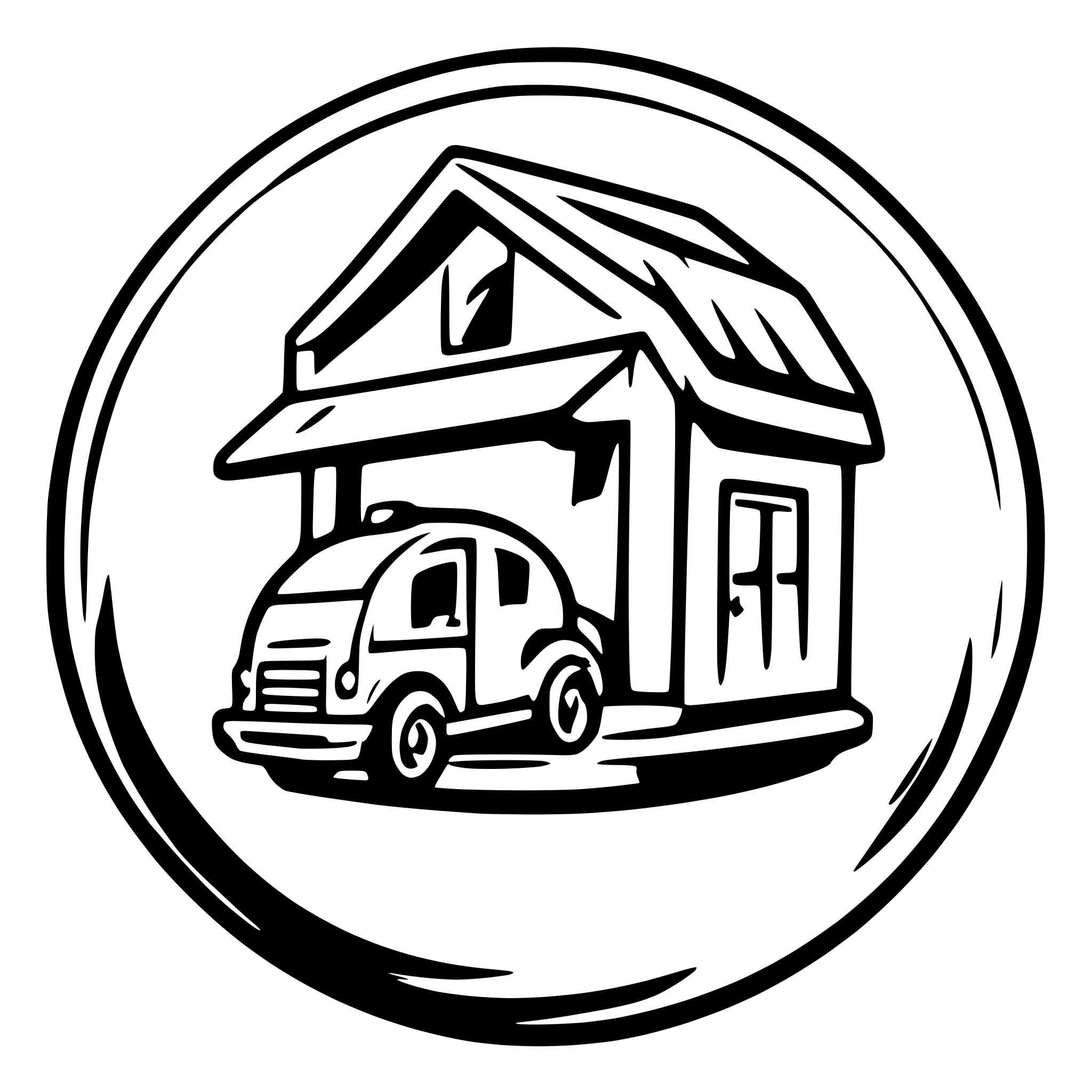AI-generated SVG of 'Moving truck with house in background. Inside of a circle for a moving company logo.'