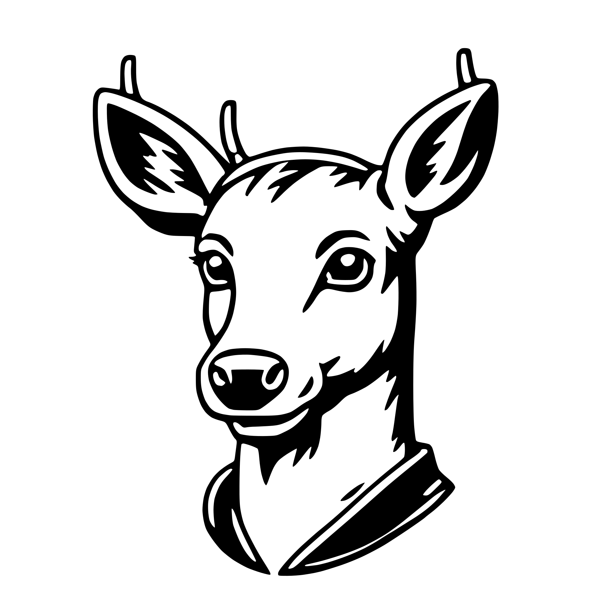 The SVG shows a stylized, cartoon-like depiction of a deer's head. The deer has large, pointed ears, a small, round nose, and a simple, smiling mouth. The eyes are large and round, with a small line for the pupil. The deer's neck is short and straight, and there is a small, dark spot that could be interpreted as a collar or a piece of clothing. The background is plain and does not interact with the deer. The SVG is simple and does not contain any additional objects or interactions. 