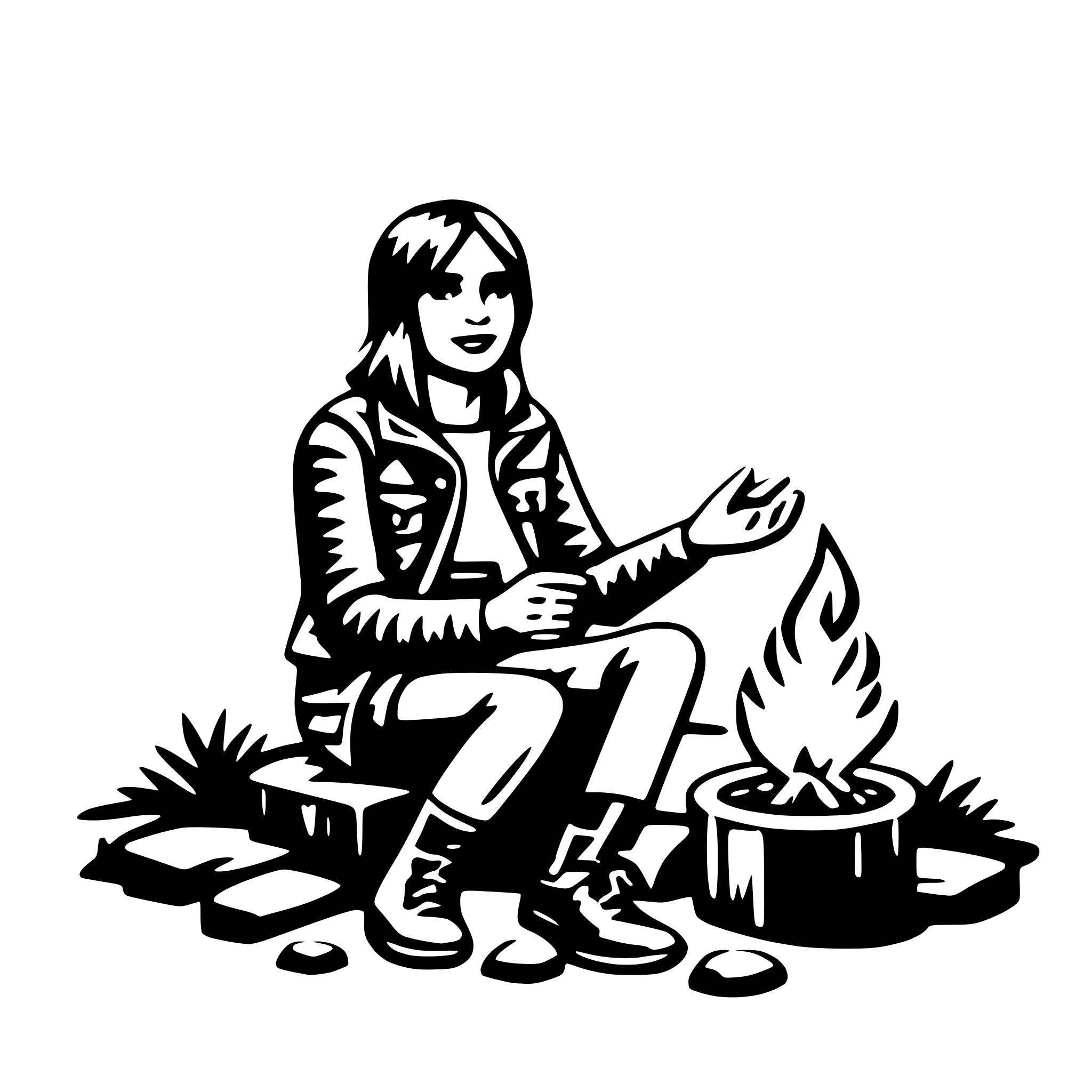 The SVG depicts a stylized illustration of a person sitting on a pile of rocks with a fire burning in a pit in front of them. The person is wearing a jacket and appears to be holding something in their hands, possibly a piece of paper or a small object. The fire is surrounded by what looks like a small amount of wood or sticks, and there are a few rocks scattered around the area. The person is looking towards the fire, suggesting a contemplative or relaxed posture. The overall style is simple and cartoonish, with bold outlines and minimal shading. 