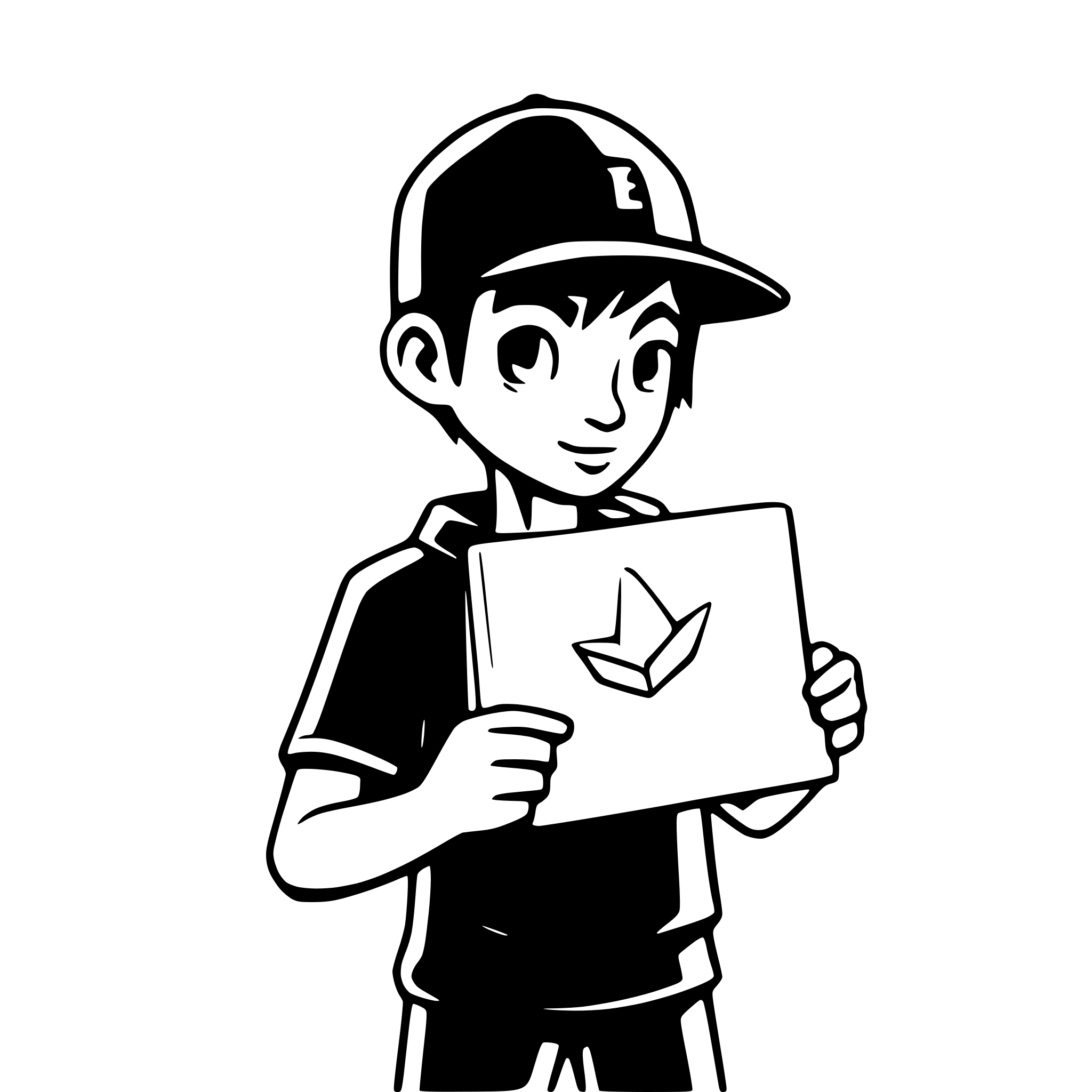 AI-generated SVG of a cartoon teenager with snap back throws a paper plane his face is the letter "e" he is putting a lot of effort into the throw