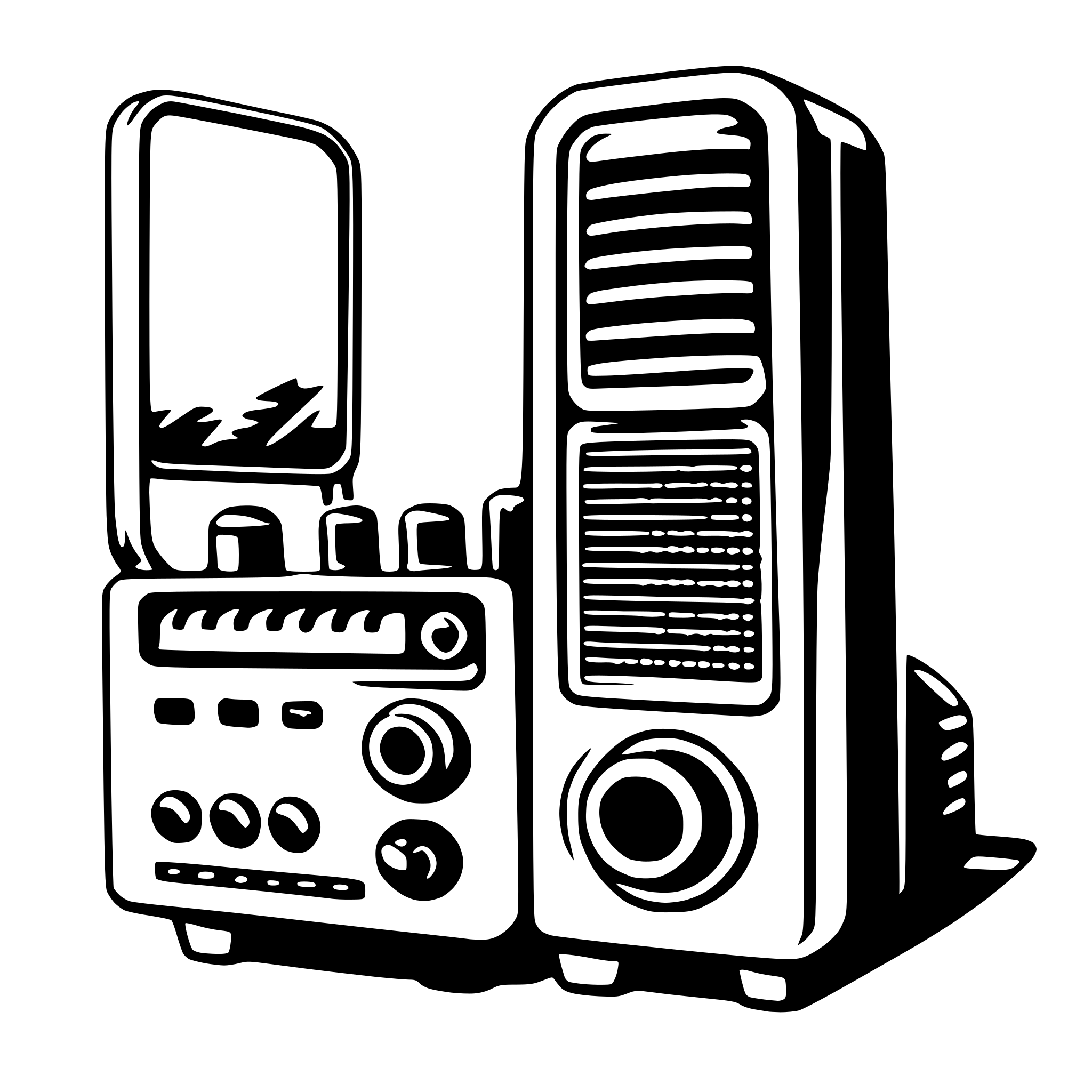 The SVG depicts a vintage-style radio with a speaker and a microphone. The radio has a large, rectangular speaker on the right side, with a circular grille. On the left side, there is a smaller, rectangular speaker with a similar grille design. Below the larger speaker, there is a microphone with a circular pattern. The radio has a control panel with various dials and buttons, suggesting it has multiple functions such as tuning, volume, and possibly other settings. The design is simple and stylized, with clean lines and minimal shading, which is typical for vector graphics. 