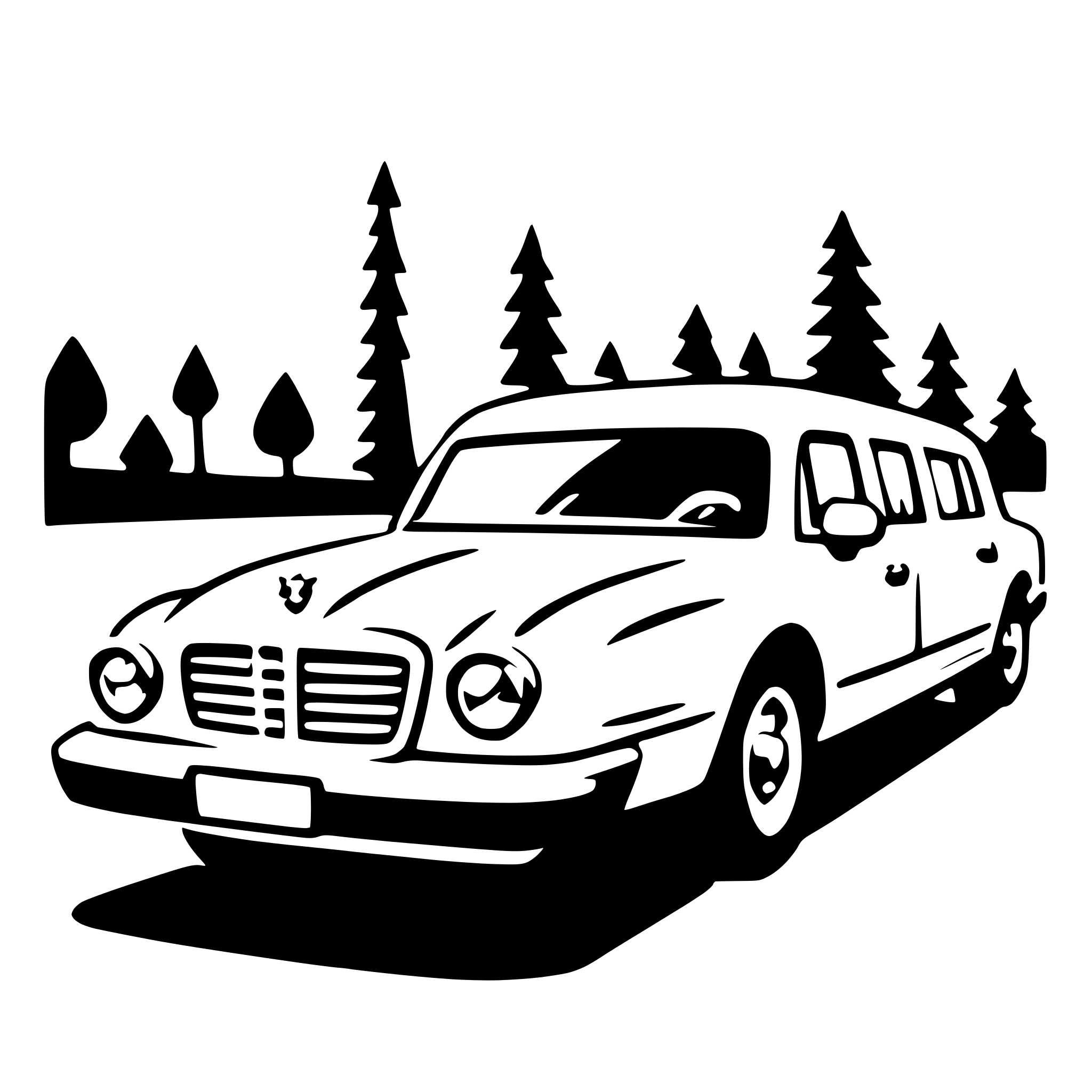 The SVG depicts a stylized, black and white illustration of a car parked on a road. The car is a classic design, with a prominent grille and round headlights. Behind the car, there is a simple, silhouette-style depiction of a forest with trees and a clear sky. The car is positioned on the right side of the road, which is indicated by a dashed line on the left side of the SVG. The overall style of the SVG is minimalistic and appears to be designed for a logo or icon, given its simplicity and lack of detail. 