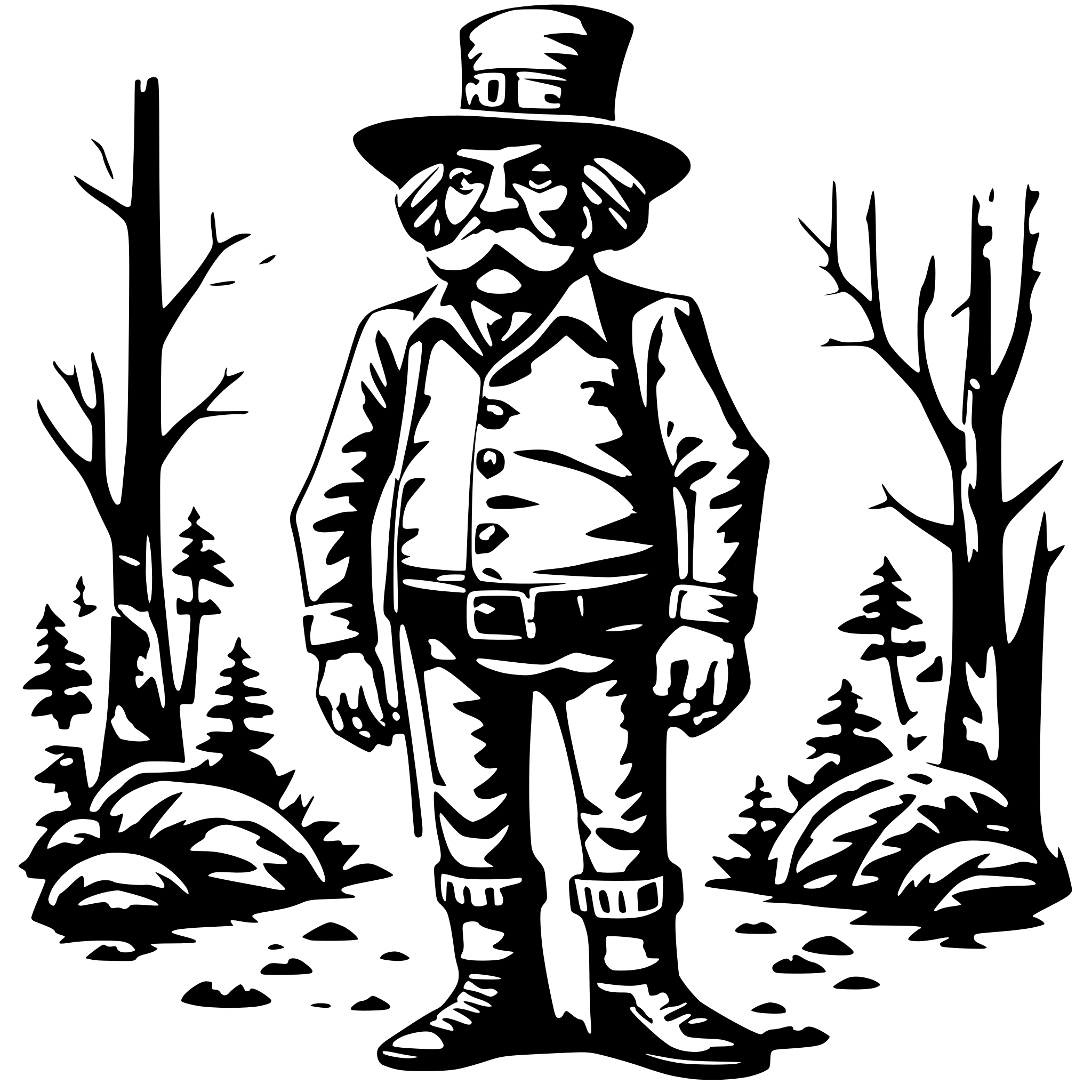 AI-generated SVG of 'A man made of cabbage with short legs, two arms, a hat on his head, a belt on his belly and a cigarette in his mouth stands in the forest.'