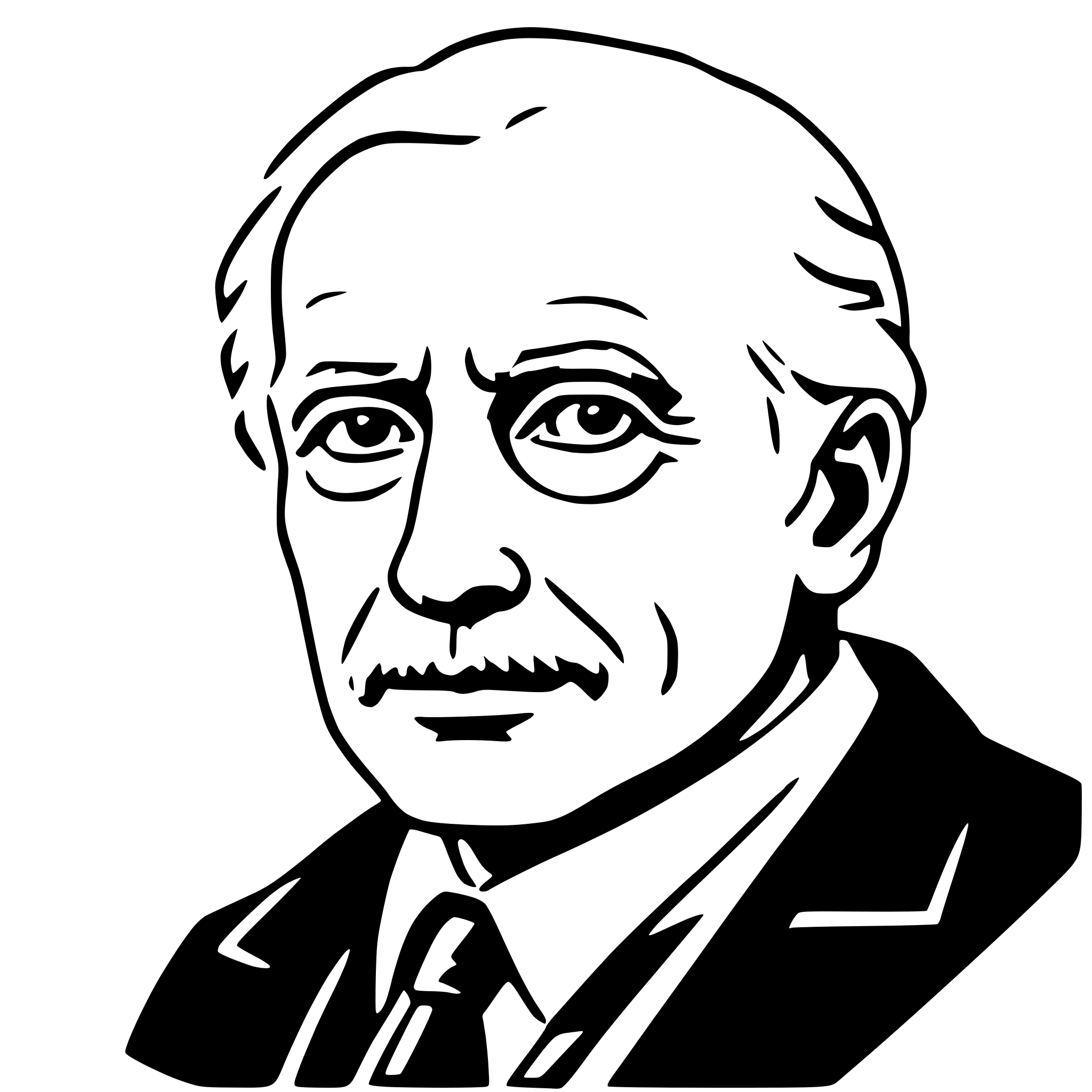 The SVG is a black and white line drawing of a man's face. The man appears to be middle-aged with a mustache and is wearing a suit with a tie. His expression is neutral, and he is looking directly at the viewer. The SVG is simple and does not contain any additional objects or interactions. 