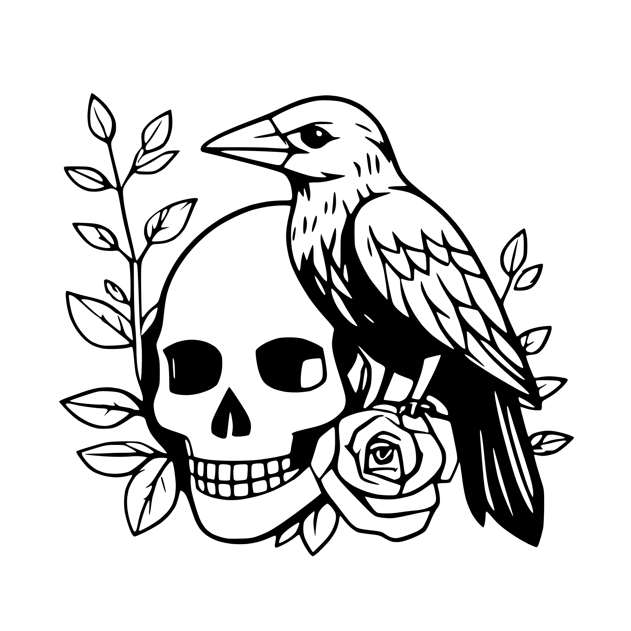 AI-generated SVG of a raven on skull with roses