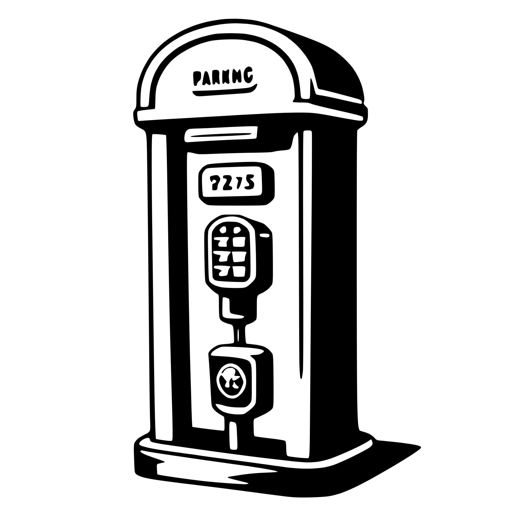 The SVG depicts a parking meter, which is a device used to collect payment for parking in a designated parking space. The meter has a vertical structure with a rounded top and a flat base. On the front of the meter, there is a digital display showing the number "2215," which likely represents the time remaining for the parking session. Below the display, there is a keypad with buttons for inputting numbers and a button labeled "OK" or "START." To the right of the keypad, there is a coin slot, indicating that the meter accepts coins as payment. The meter is designed to be mounted on a pole or stand, as suggested by the base of the meter. The SVG is a simple, stylized representation, likely intended for use as an icon or logo. 