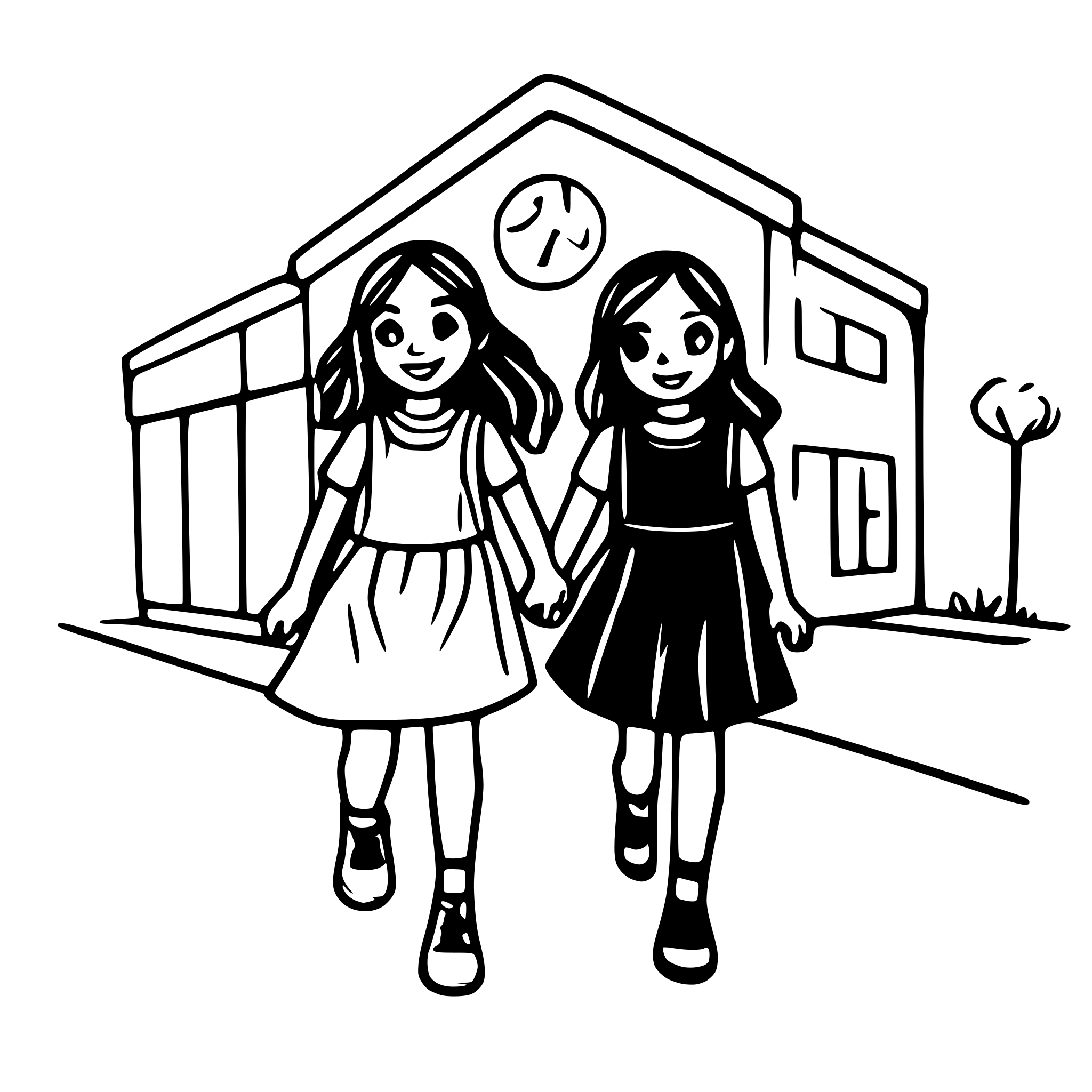 AI-generated SVG of a A black and white line art drawing of two girls, their hands intertwined, walking towards a school building on a sunny day. The school has two floors and a playground. The girls are smiling and laughing, their friendship evident in their joyful expressions.