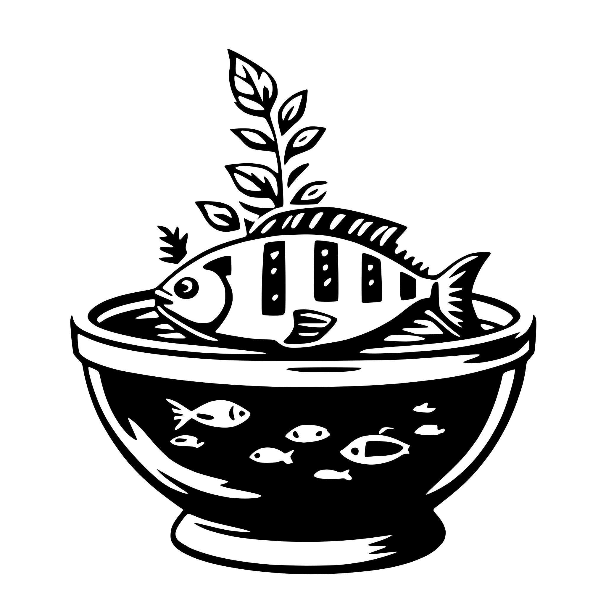 The SVG depicts a stylized illustration of a fish bowl with a fish inside. The fish is depicted with a simple, cartoon-like design, featuring a body with a pattern that could suggest scales, a dorsal fin, and a tail fin. The bowl is shown with a rounded shape, a flared opening at the top, and a base that appears to be a simple pedestal. Inside the bowl, there are additional fish depicted in a similar style, suggesting that the bowl contains multiple fish. The overall style is minimalistic and uses solid black lines against a white background. 